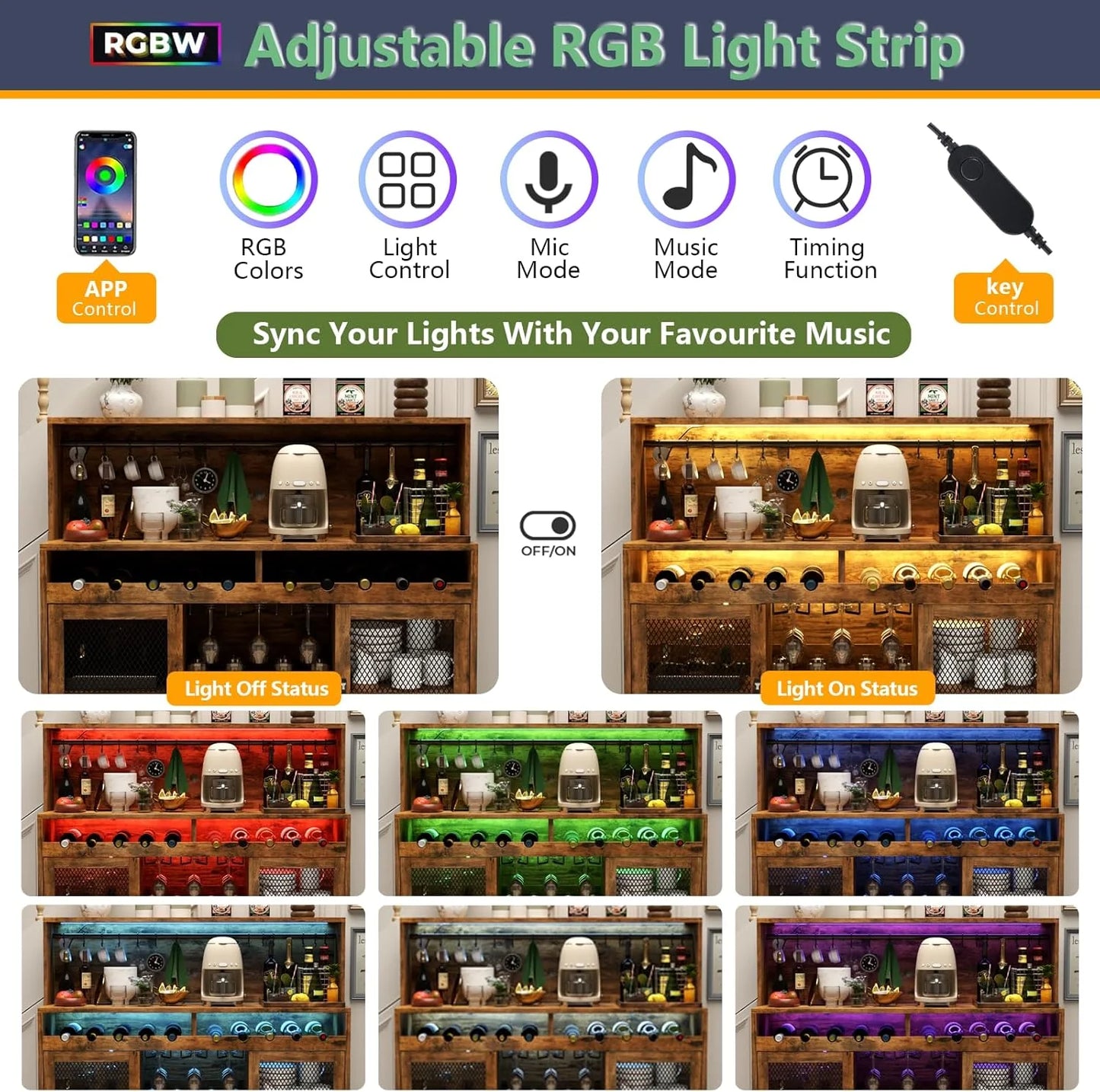 Wine Bar Cabinet with LED Light, Liquor Cabinet with Glass Holder, Coffee Bar for Liquor, Storage Buffet with Wine Racks, Wine Cabinet