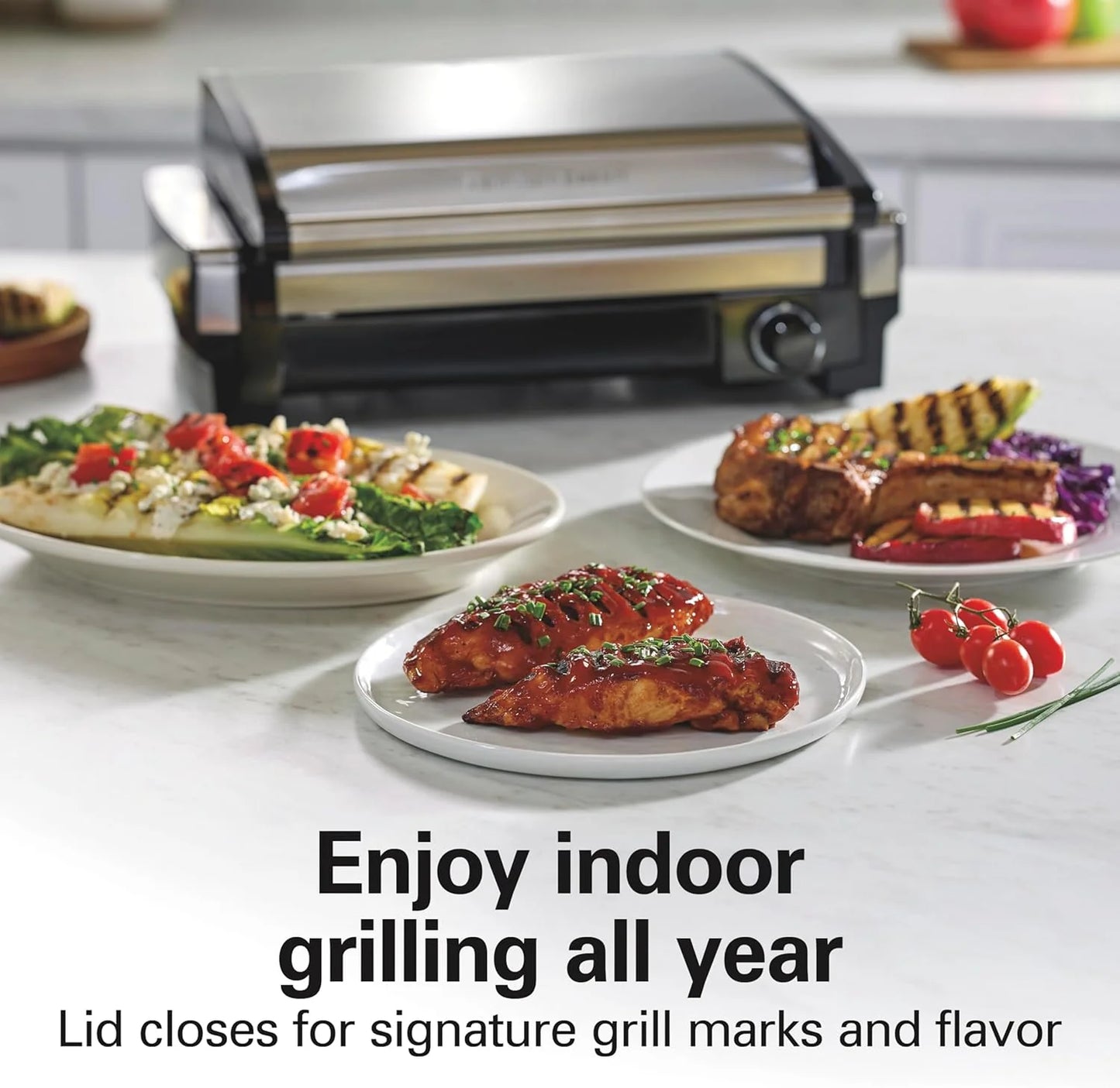 Indoor electric grill with viewing window, adjustable to 450°F, serves 6 people
