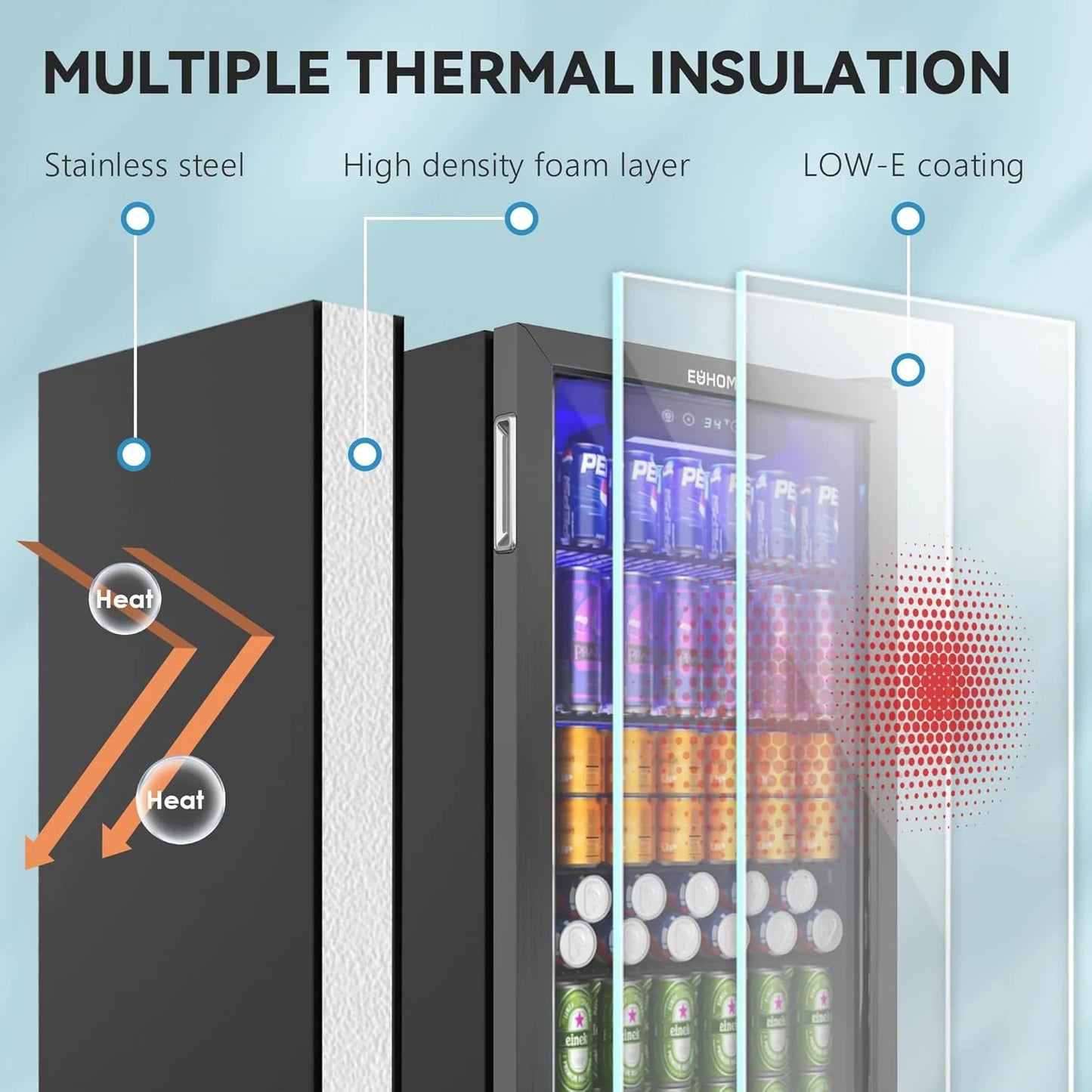 EUHOMY Beverage Refrigerator Cooler, 130 Can Mini Fridge with Glass Door for Soda Beer or Wine, Beverage Cooler for Home, Office, Bar with Adjustable Removable Shelves, Silver