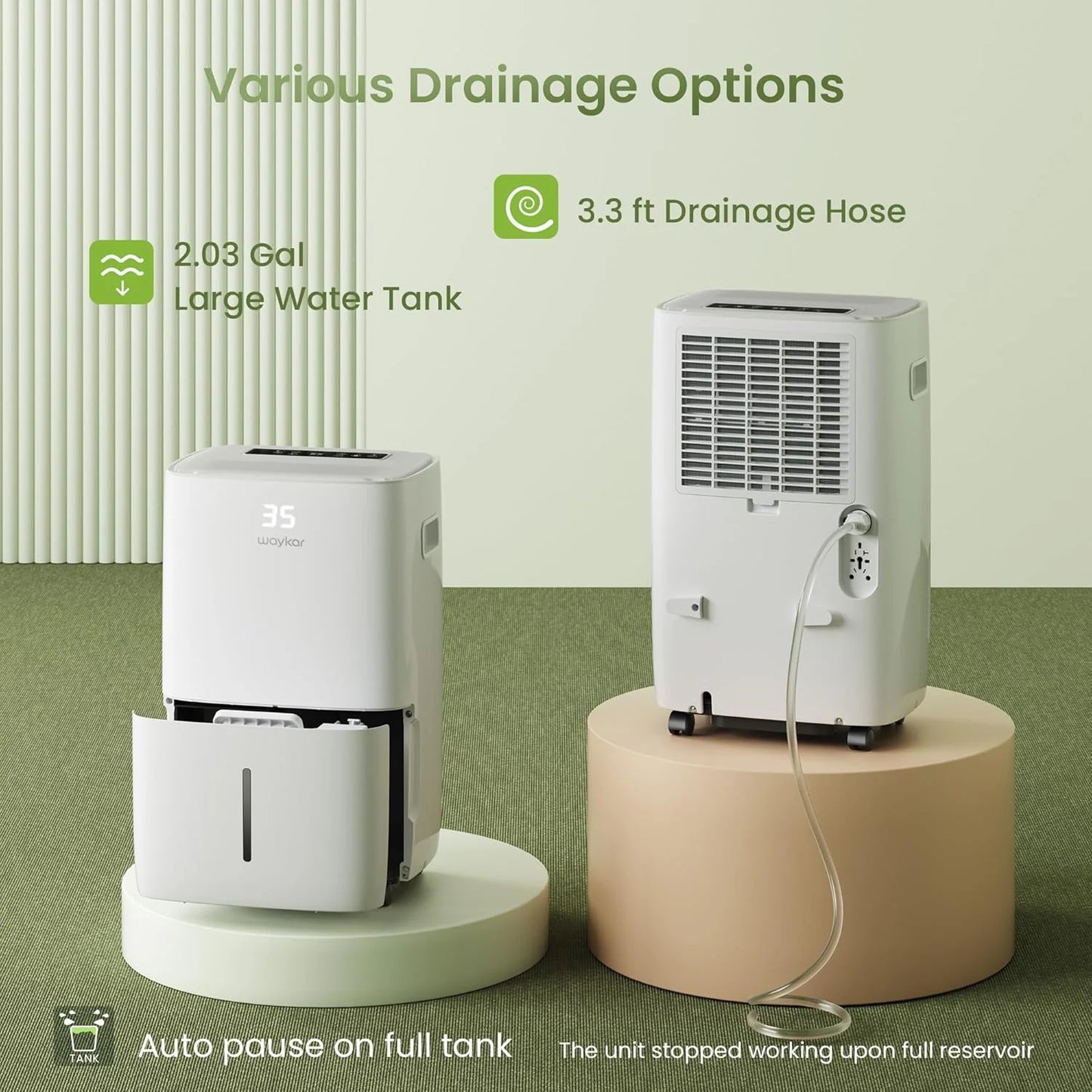 Waykar 2000 Sq. Ft Dehumidifier for Home and Basements, with Auto or Manual Drainage, 0.66 Gallon Water Tank Capacity