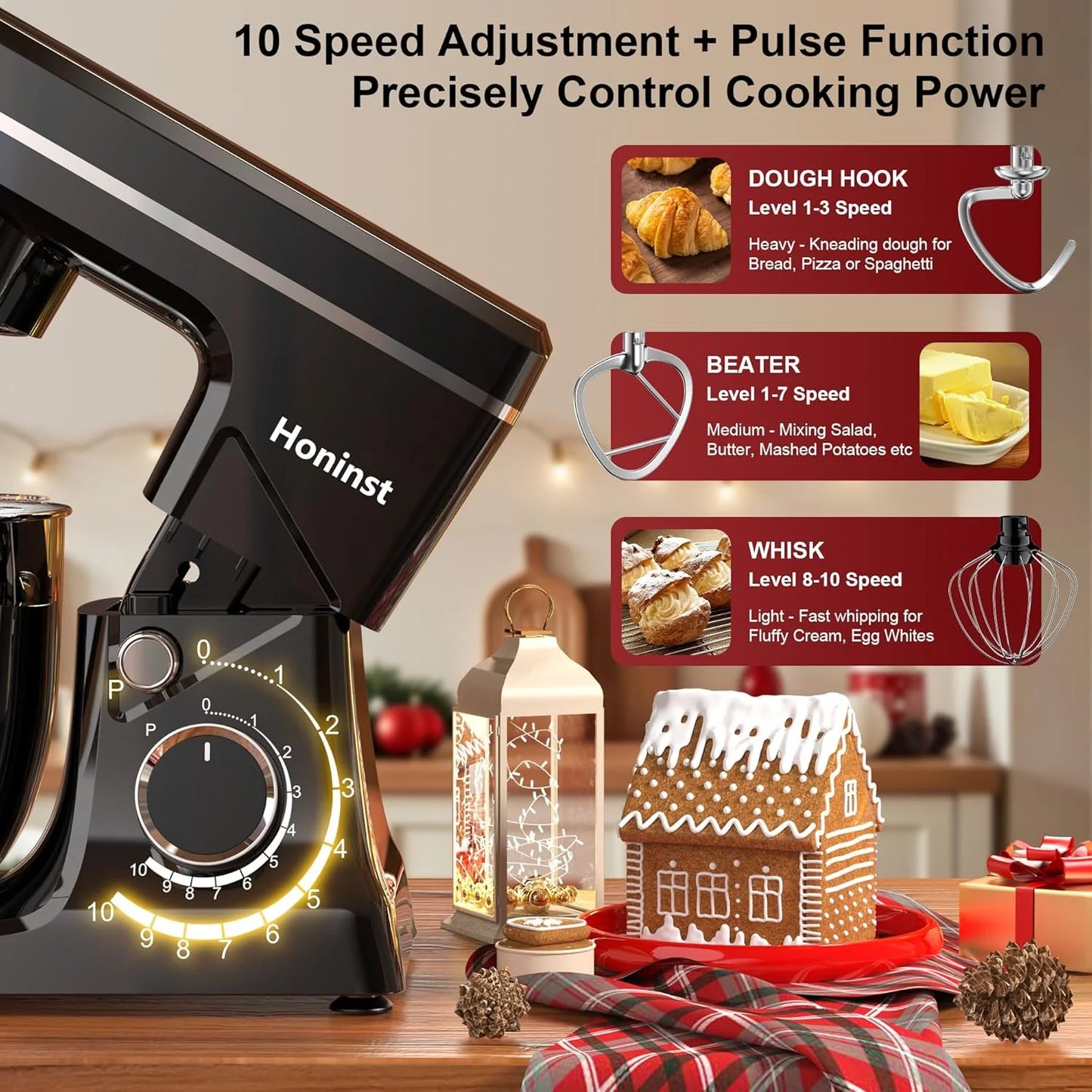 10-Speed Stand Mixer with 8-in-1 Splash Guard, Tilt Head, 6-Quart Stainless Steel Bowl + Dishwasher-Safe Dough Hook/Whisk/Blender/Scraper
