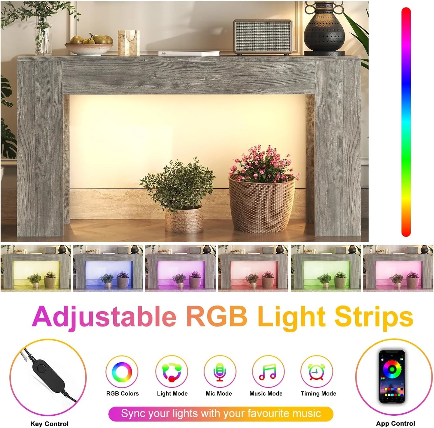 63-Inch Long Console Table with LED Light Farmhouse Sofa Table Behind Couch