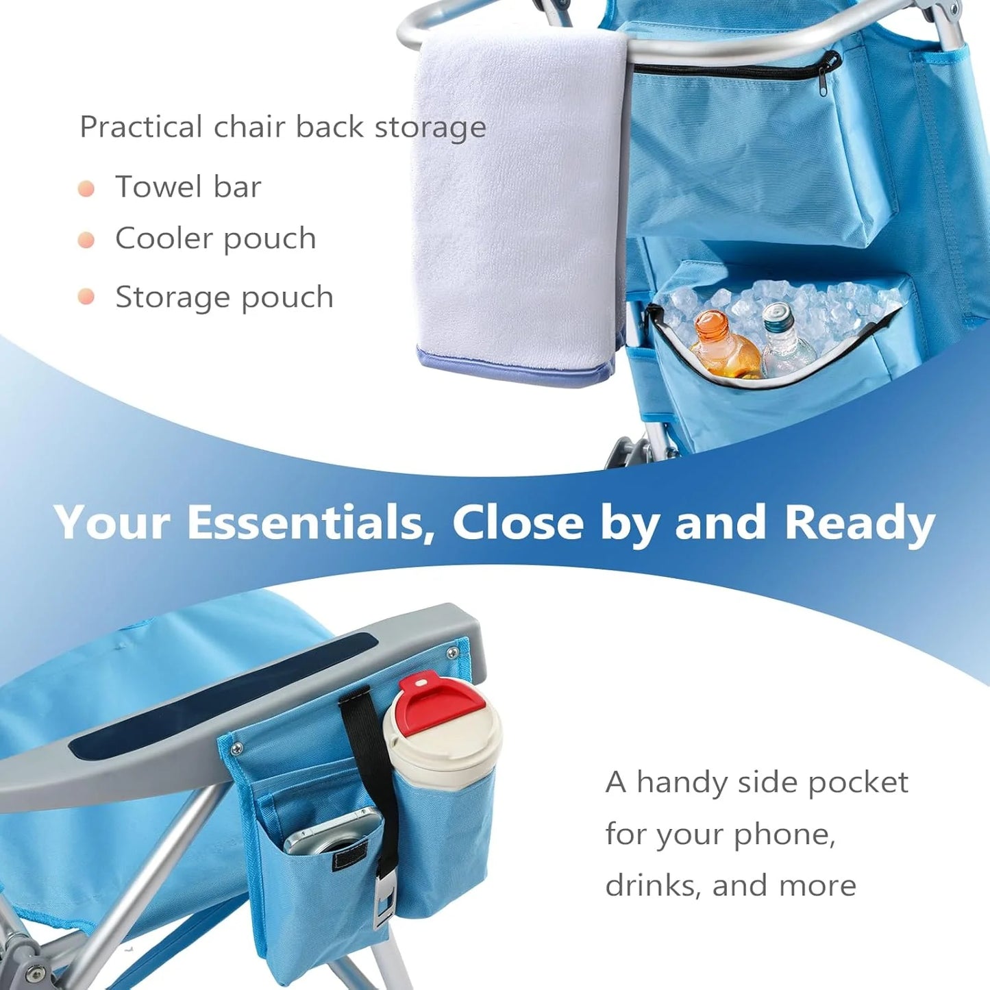 5-Position Aluminum Lay Flat Tall Backpack Beach Chairs 2 Pack Compact Portable Beach Chairs for Adults with Cooler Pouch, Storage Pouch, Towel Bar, Cup Holder & Phone Holder, Blue Stripe