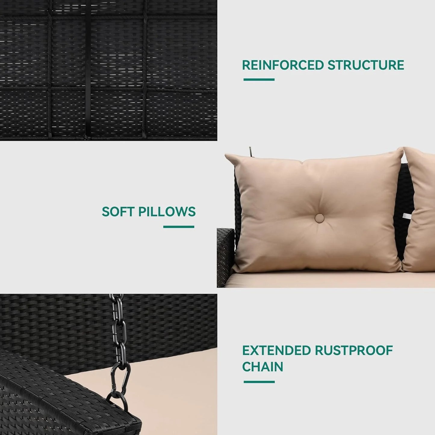 YITAHOME Hanging Porch Swing Chair Sits 3 People, Wicker Outdoor Swing Bench, Patio Lounge Chair, 1 Seating Cushion and 3 Back Cushions, w/Removable Covers, for Garden, Balcony, Backyard, Brown