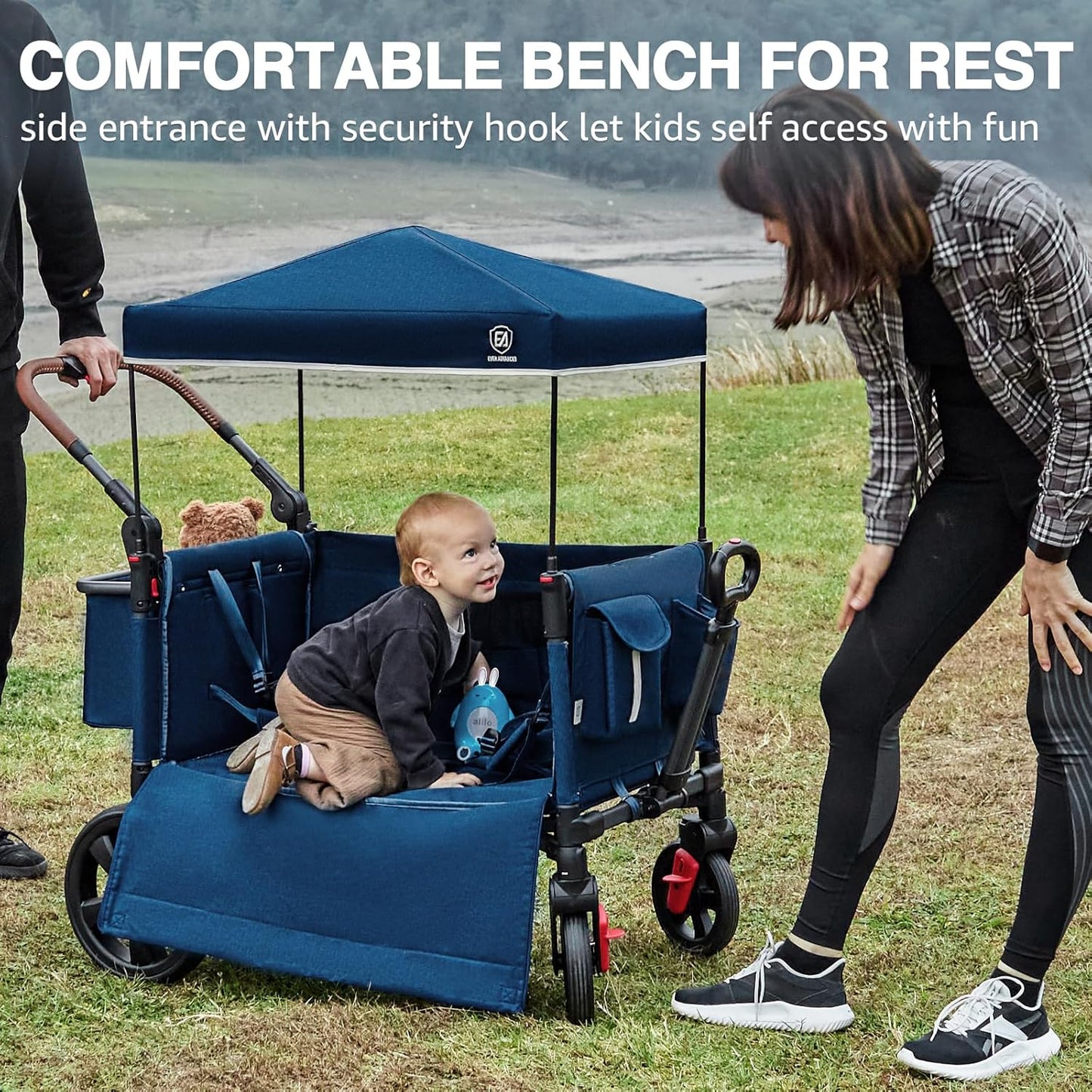 EVER ADVANCED Side-unzip Wagon Stroller for 2 Kids, Push Pull Stroller with Adjustable Handle, Easy Access Front Zipper Door, 5-Point Harness Removable UV-Protection Canopy Shock-Absorbing Wheels,Grey