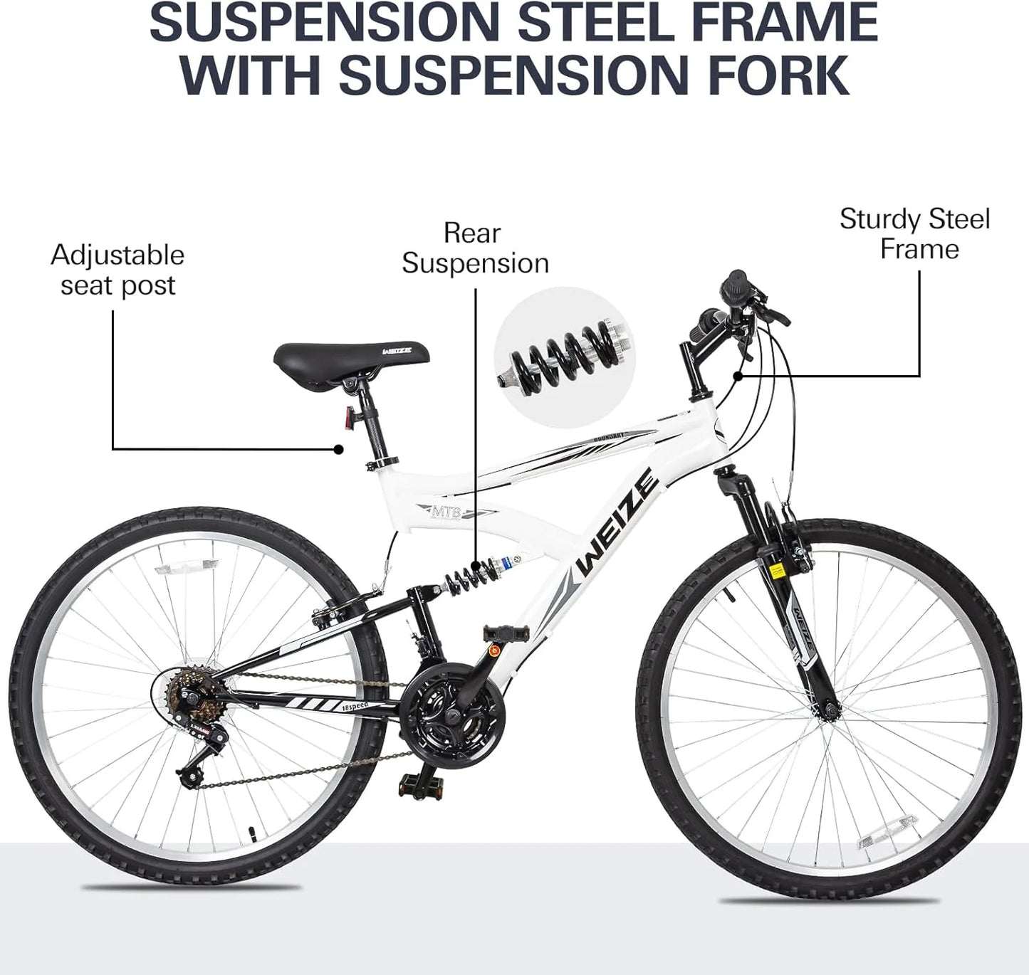WEIZE Mountain Bike, 26 27.5 inch Outdoor Hybrid Bikes,18-Speed/High-Carbon Steel/Dual Full Suspension, Adjustable Ergonomic Seat for Men Women Adult, MTB Bicycle with Suspension Fork,Sleek Colors