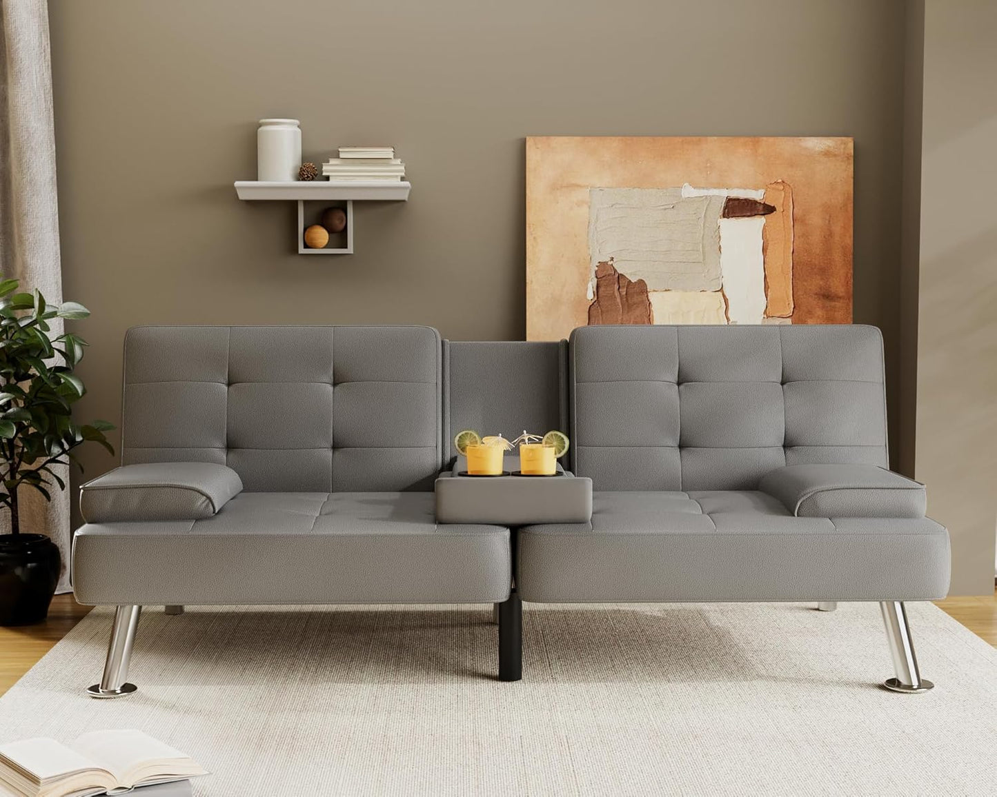 Flamaker Futon Sofa Bed Modern Folding Futon Set Convertible Recliner Lounge for Living Room with 2 Cup Holders, Removable Armrests (PU Leather, Black)