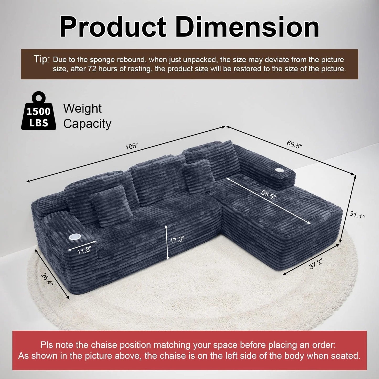 Cloud Sectional Couch with L-Shape Chaise, Modern Modular Sofa with Deep Seat, Built-in Cup Holder & Storage Pocket
