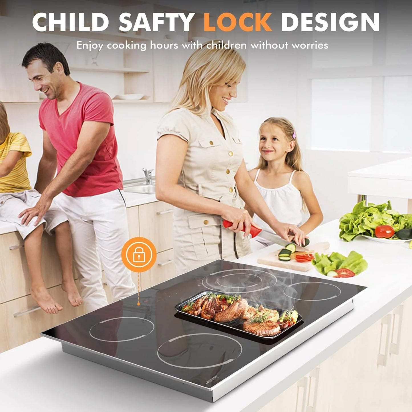 Electric Cooktop 30 Inch - 5 Burners Built-in Ceramic Cooktop, 30" Electric Stove Top with Glass Protection Metal Frame, 9 Heating Level, 8400W, 220-240V for Hard Wire(No Plug)