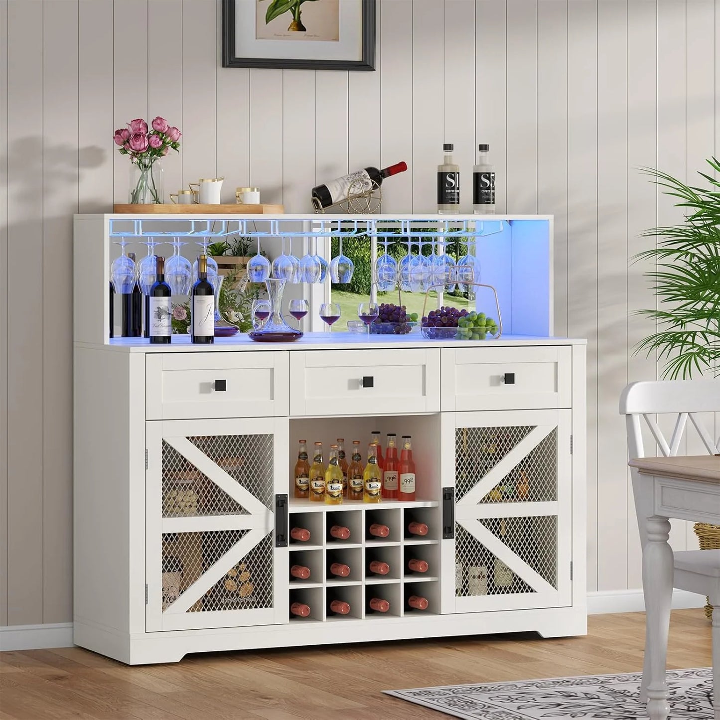 Wine Bar Cabinet with LED Light, Liquor Cabinet with Glass Holder, Coffee Bar for Liquor, Storage Buffet with Wine Racks, Wine Cabinet