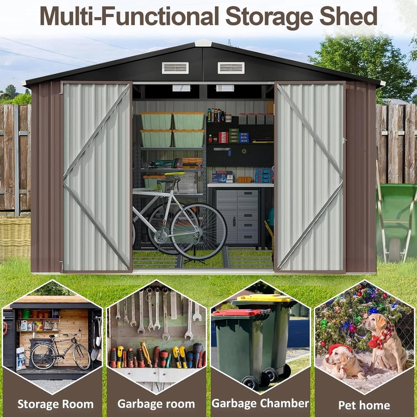 Aoxun 6.2x4 FT Shed Outdoor Storage Shed Metal Garden Shed with Lockable Doors & Slooping Roof Tool Shed Bike Shed for Backyard, Patio, Poolside (Brown)