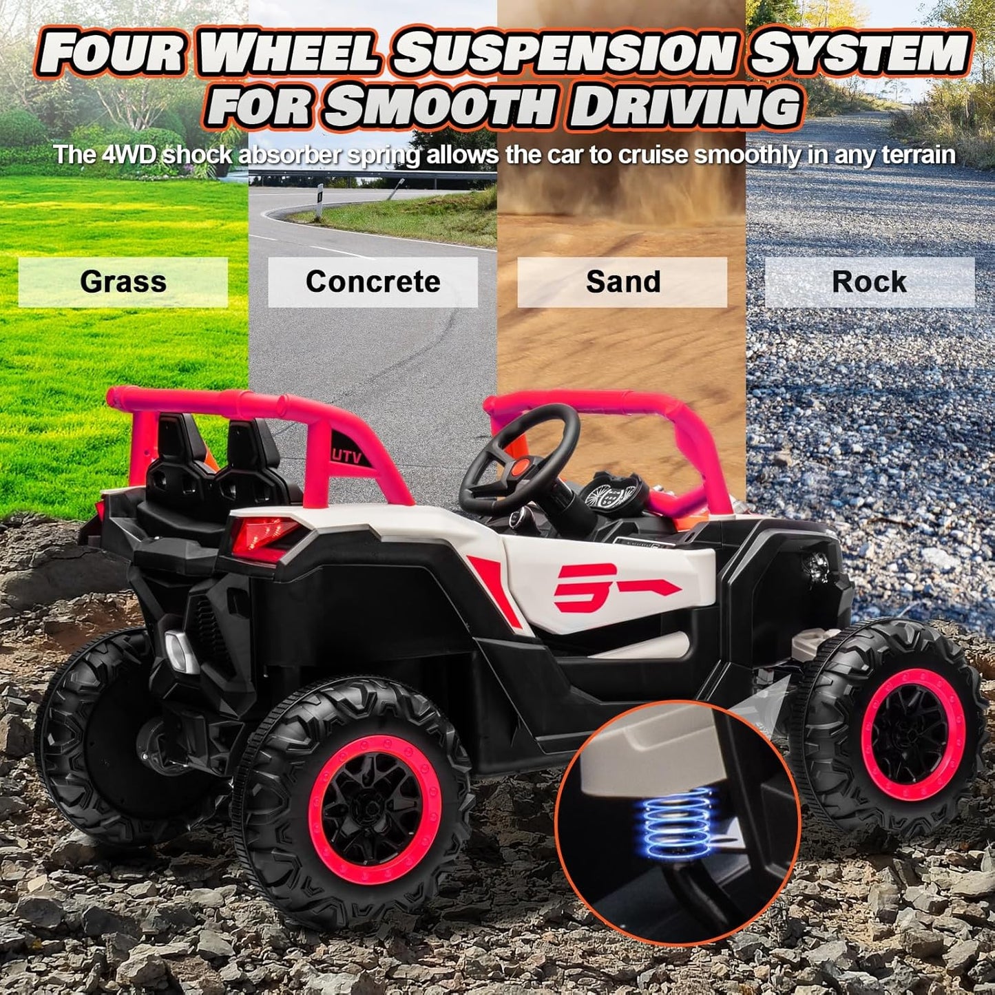 JOYRACER Kids Remote Control Car with 4 x 150W Motors, Shock Absorbers, Bluetooth, MP3 Player, and Headlights