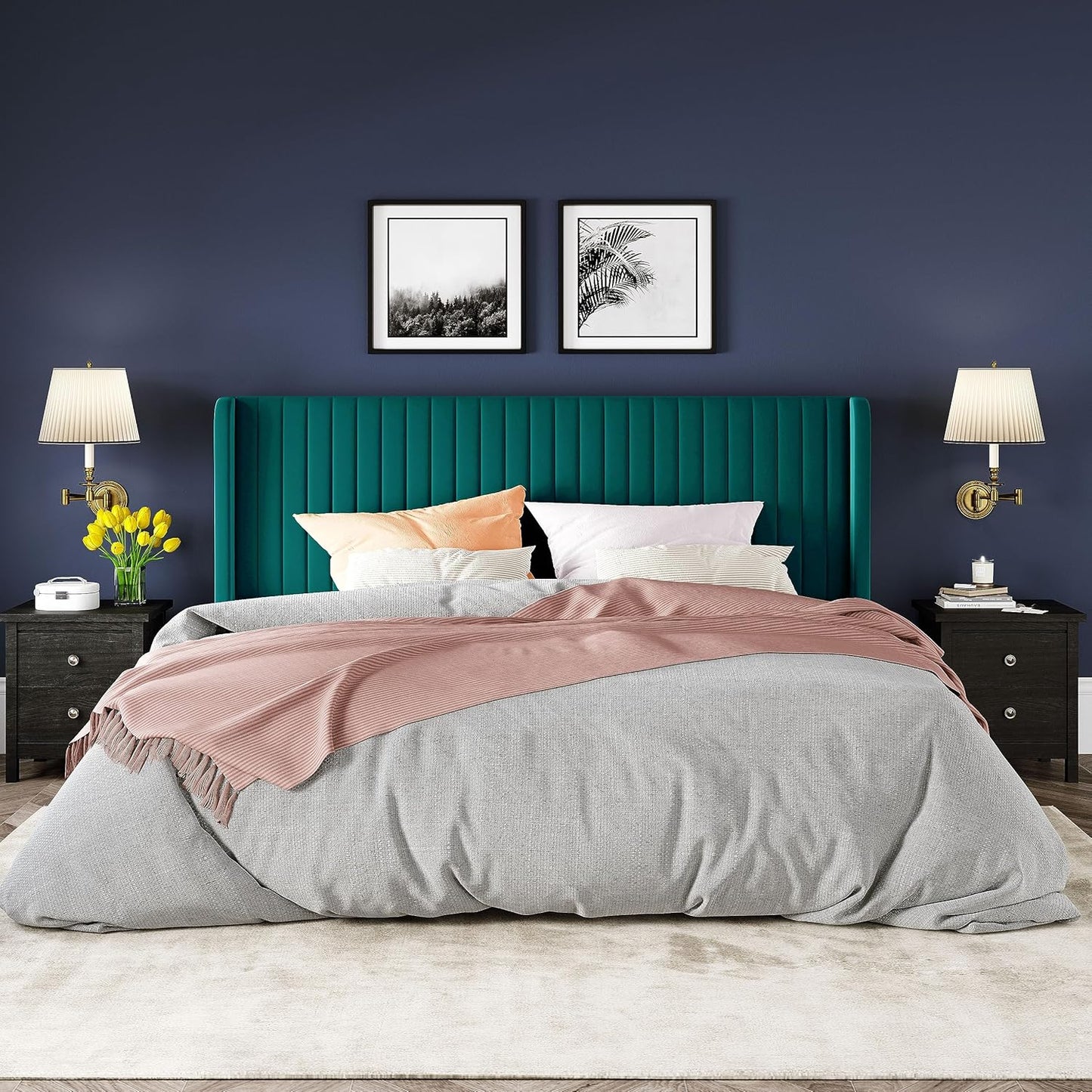 Allewie Full Size Velvet Bed Frame/Vertical Channel Tufted Wingback Headboard/Upholstered Platform Bed/Strong Wooden Slats/No Box Spring Needed/Easy Assembly/White