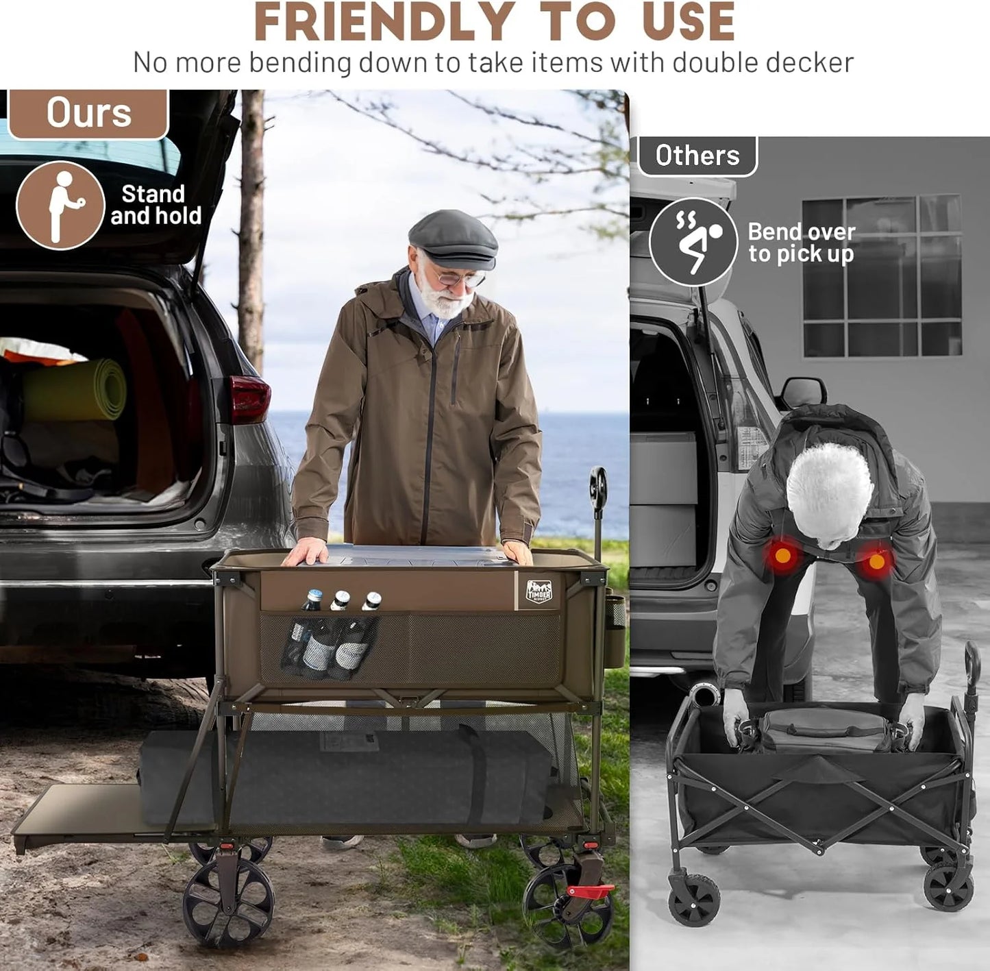 400L Large Capacity Folding Double Decker Cart with Brakes, 54 Inch Extra Long Extended Cart, 450 Pounds Heavy Duty Folding Cart