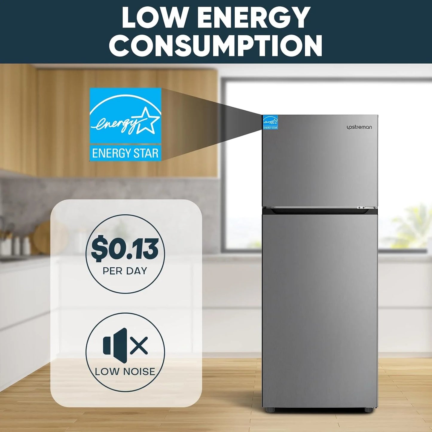 Upstreman 7.7 Cu.Ft. Refrigerator with Freezer, Double Door, Adjustable Thermostat, Large Capacity, Reversible Door Swing, Refrigerator for Apartment, Office, Dorm, Stainless (BD75)