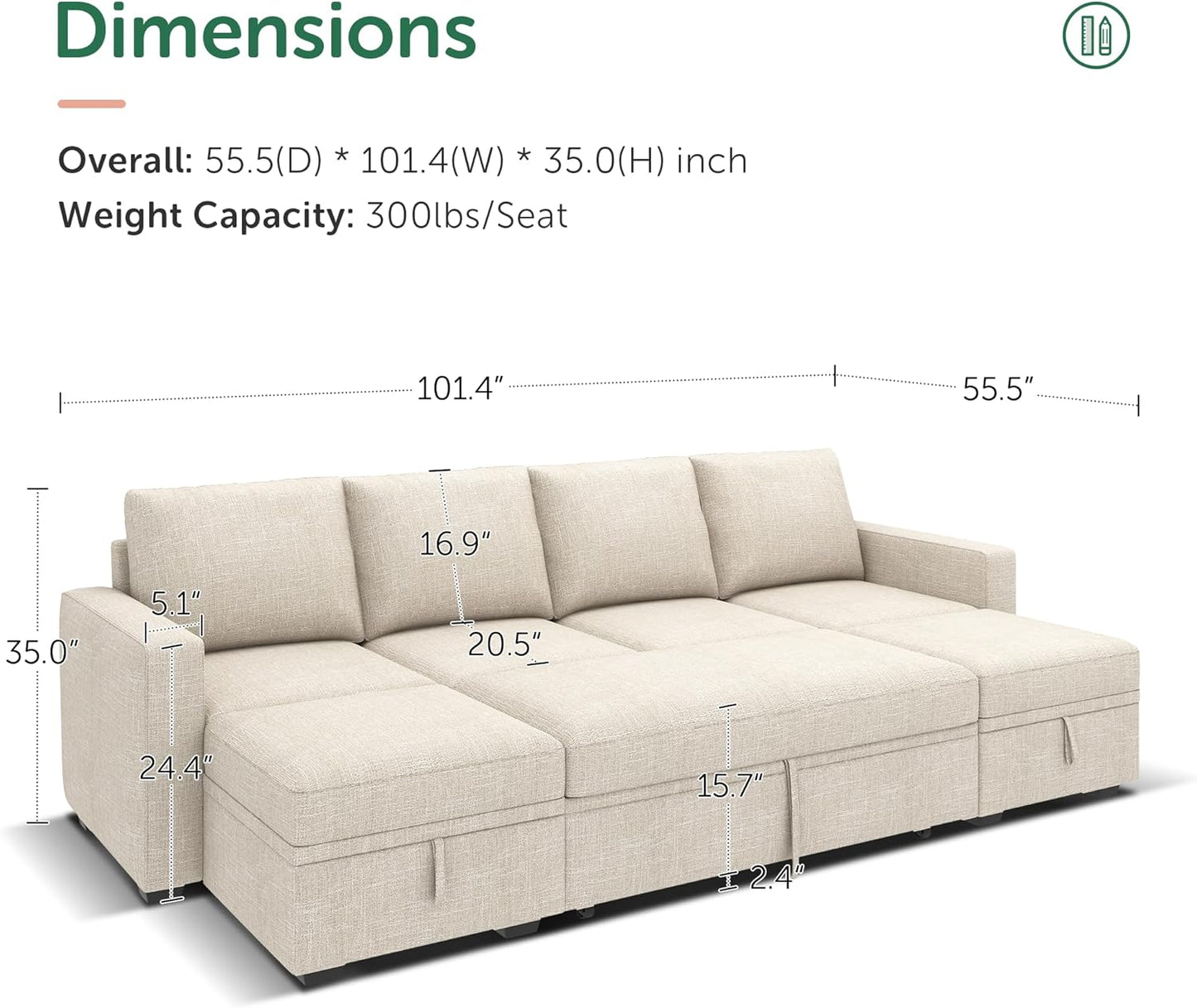 HONBAY Modular Sectional Sleeper Sofa with Pull Out Bed, L Shaped Couch with Storage Seat, Convertible Sectional Couches for Living Room