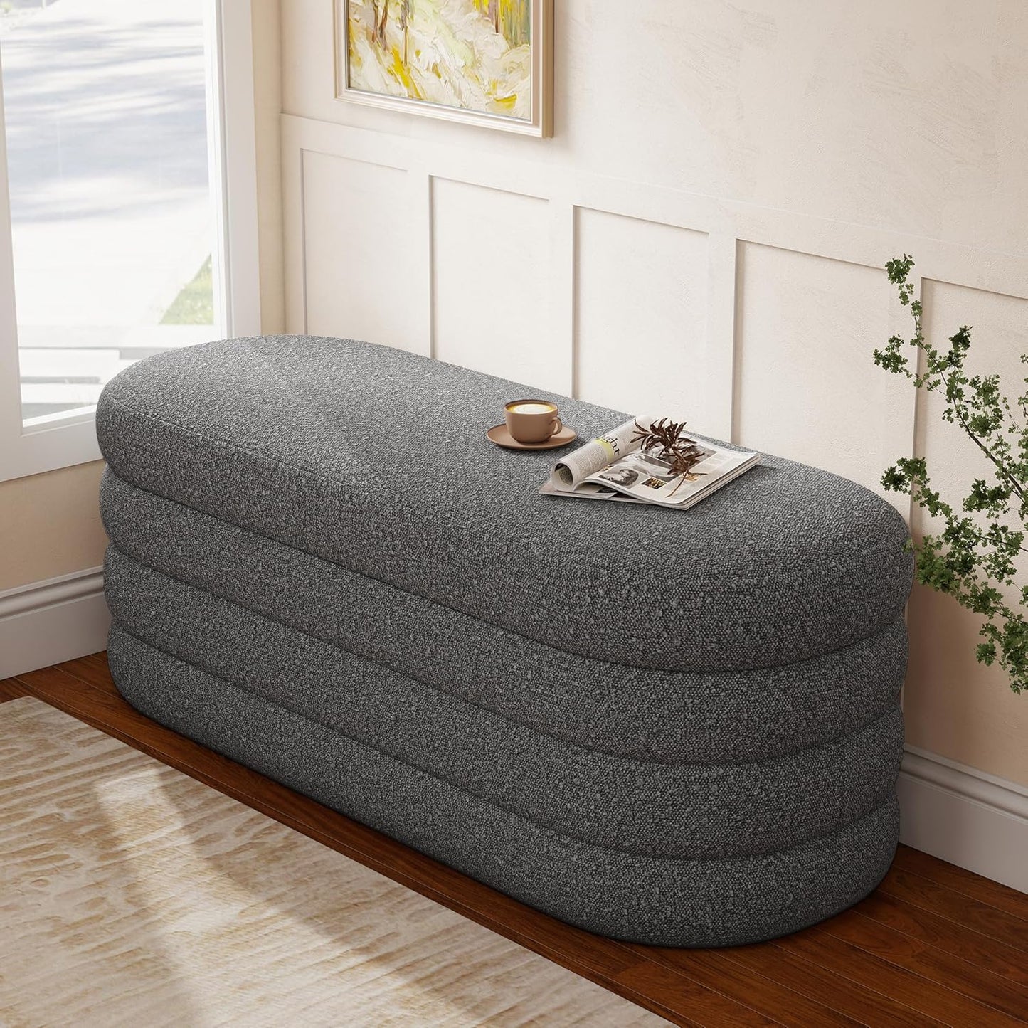 Storage Ottoman Bench 49.2 Inch Upholstered Fabric Storage Bench