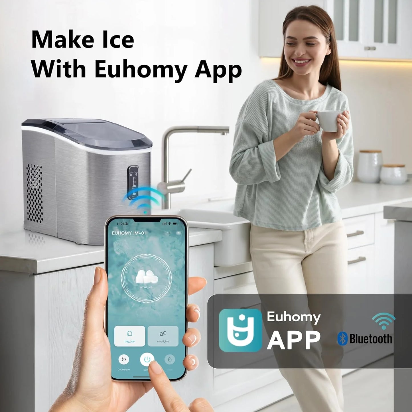 EUHOMY Nugget Ice Maker Countertop with Handle, Ready in 6 Mins, 34lbs Per Day, Removable Top Cover, Auto-Cleaning, Portable Sonic Ice Maker with Basket and Scoop, for Home/Party/RV/Camping (Black)