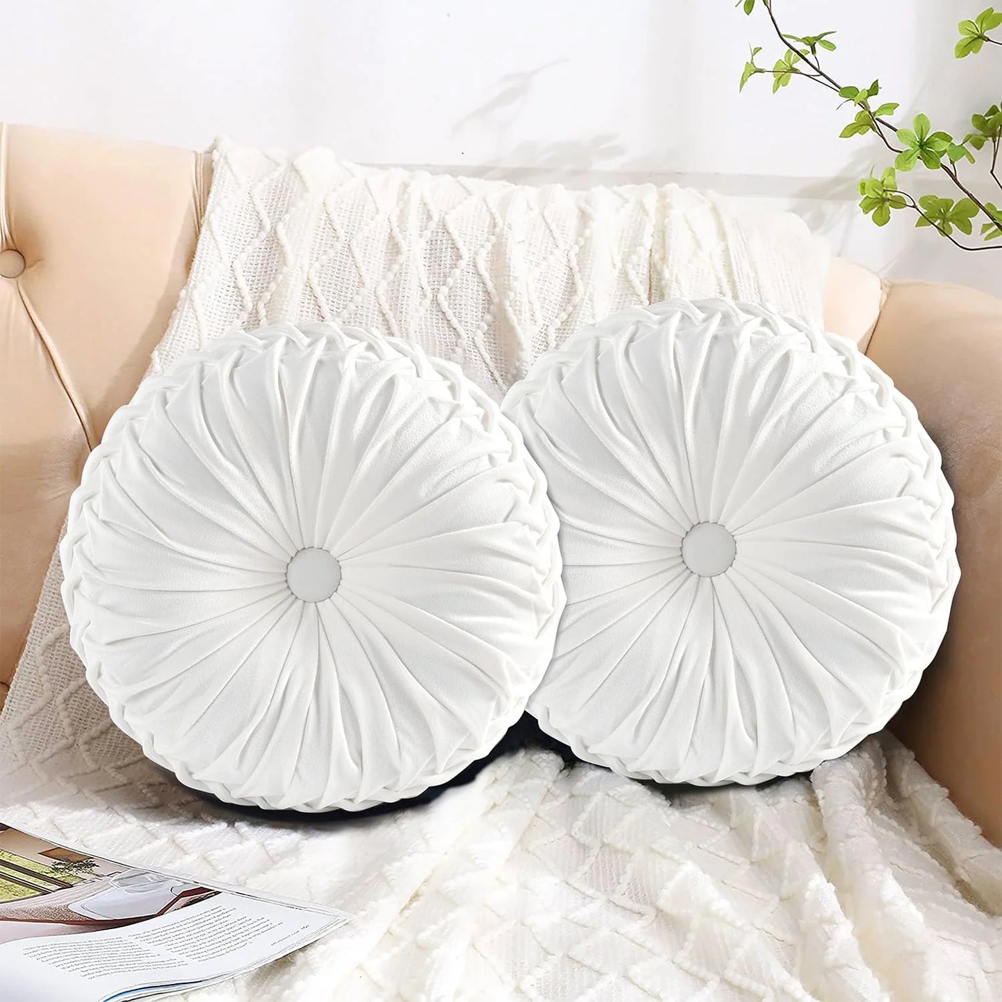 Set of 2 Decorative Round Pleated Throw Pillows
