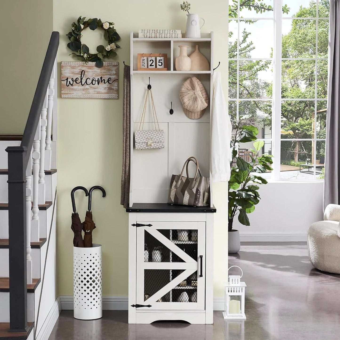 JXQTLINGMU 59-inch Farmhouse Foyer Tree with Shoe Storage, Entryway Bench Foyer Coat Rack Cabinet