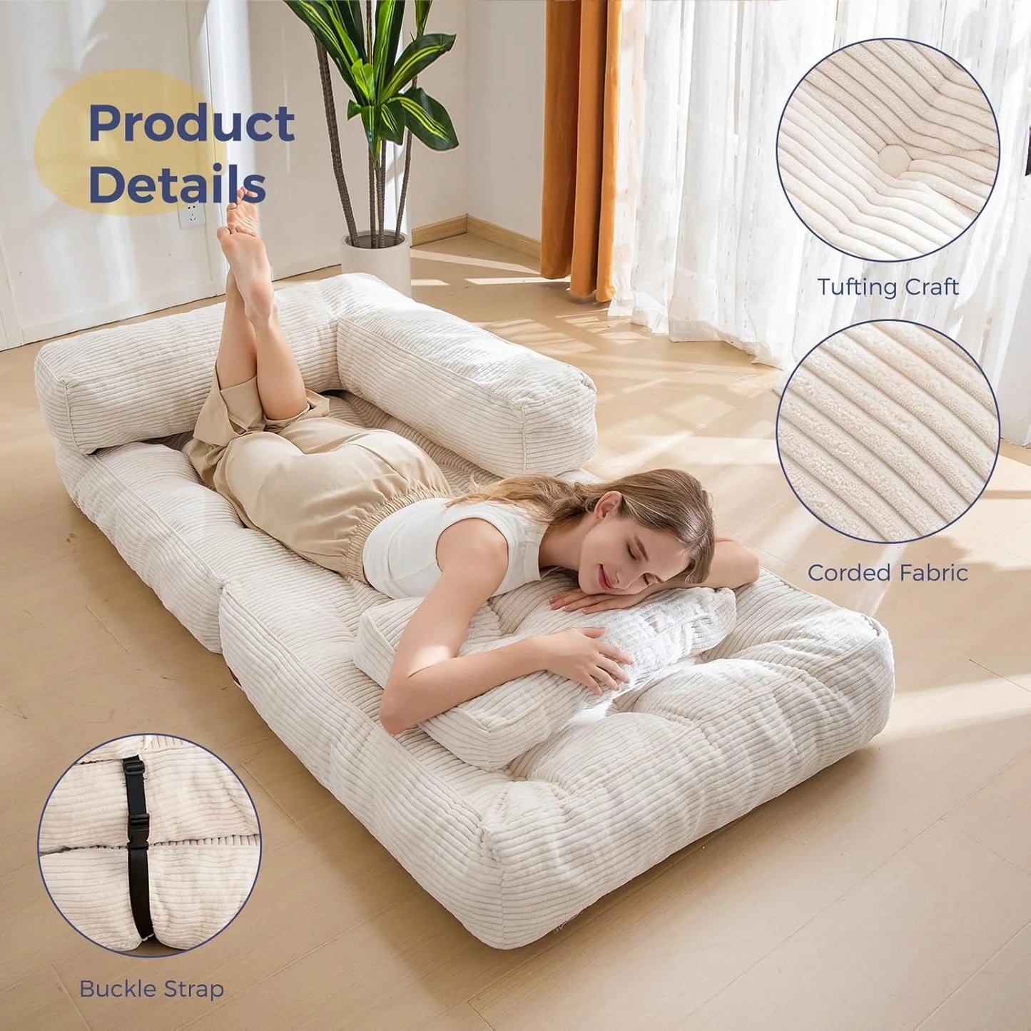 Folding Sofa Bed, L-Shaped Convertible Sofa Bed with Armrests and Pillows,