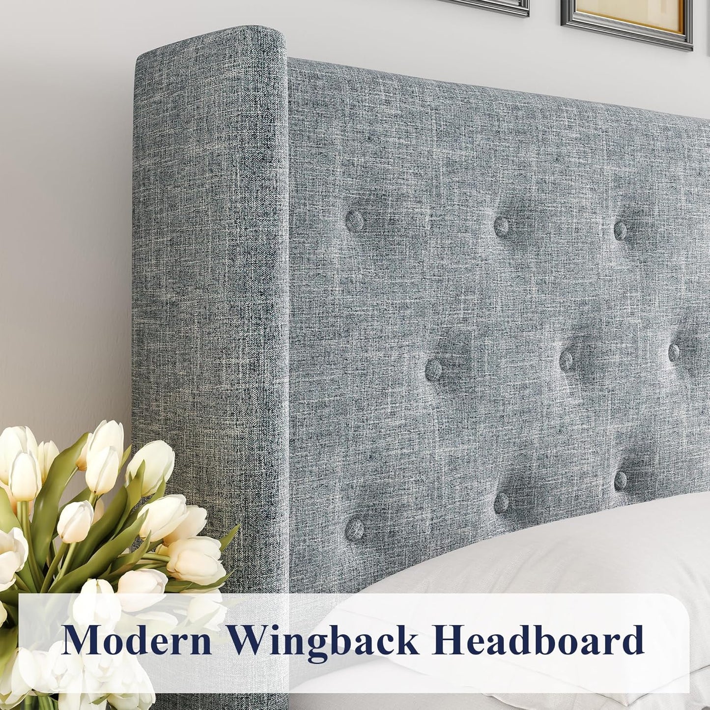 Allewie Queen Size Lift Up Storage Bed, Modern Wingback Headboard, Hydraulic Support, No Box Spring Needed, Light Beige