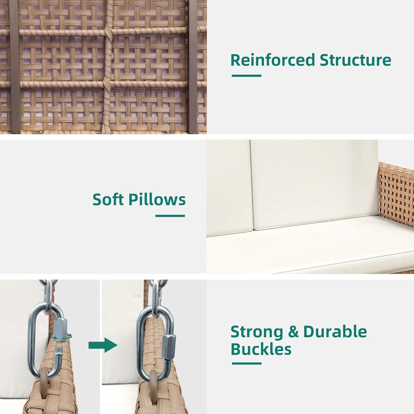 YITAHOME Hanging Porch Swing Chair Sits 3 People, Wicker Outdoor Swing Bench, Patio Lounge Chair, 1 Seating Cushion and 3 Back Cushions, w/Removable Covers, for Garden, Balcony, Backyard, Brown