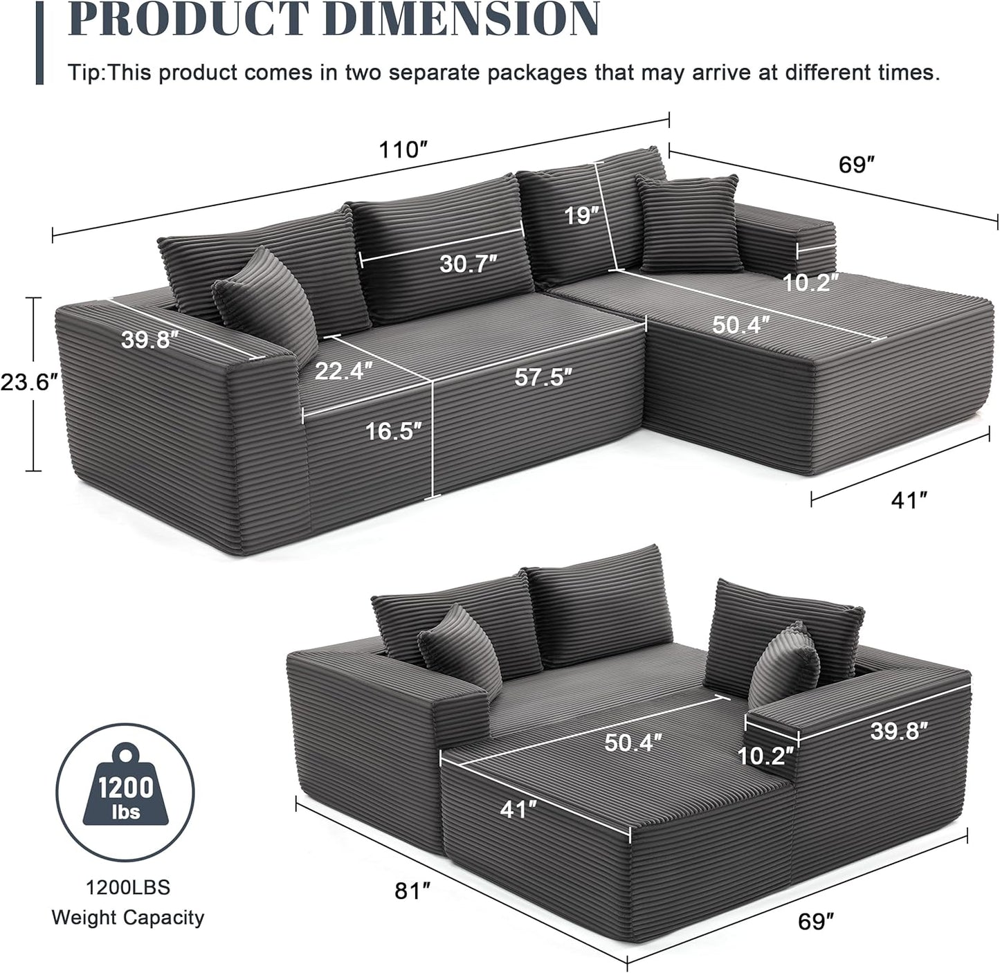 110-inch cloud sofa, boneless sofa in the living room, modular sofa with deep seats