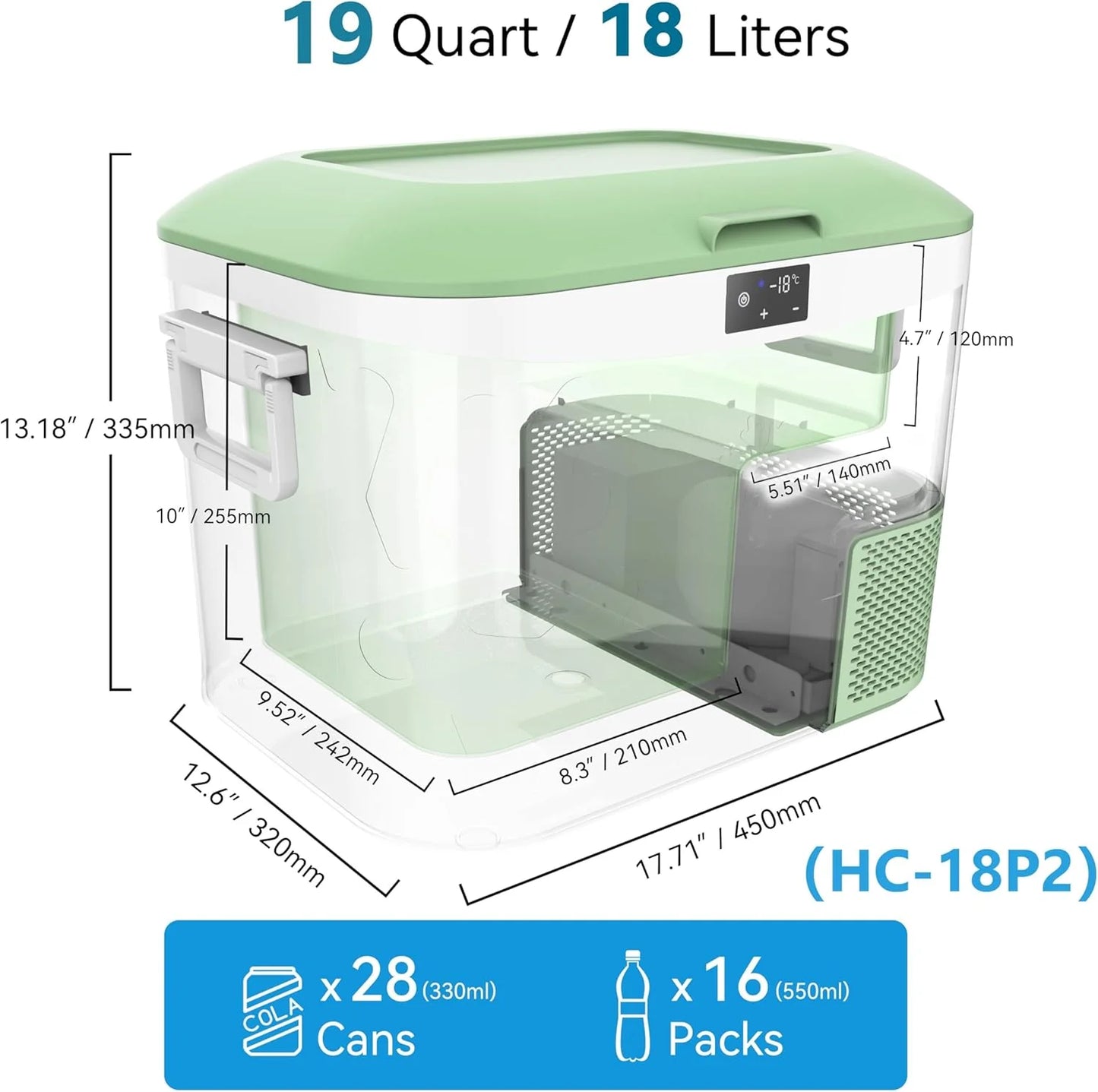 Car Fridge Portable 12 Volt Refrigerator 23 Quart (22 Liter) Freezer Compressor Cooler 12V/24V DC 110～240 V AC for Outdoor, Camping, Travel, Home Use -18℃~+15℃ (Green)