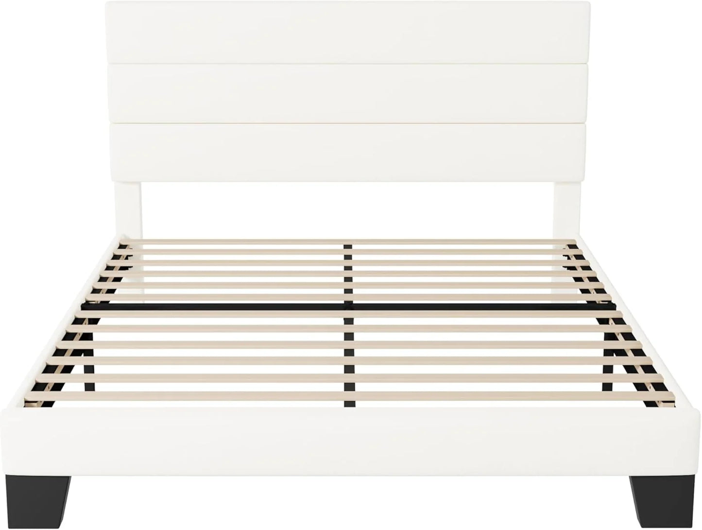 Allewie King size platform bed frame with velvet upholstered headboard and planks