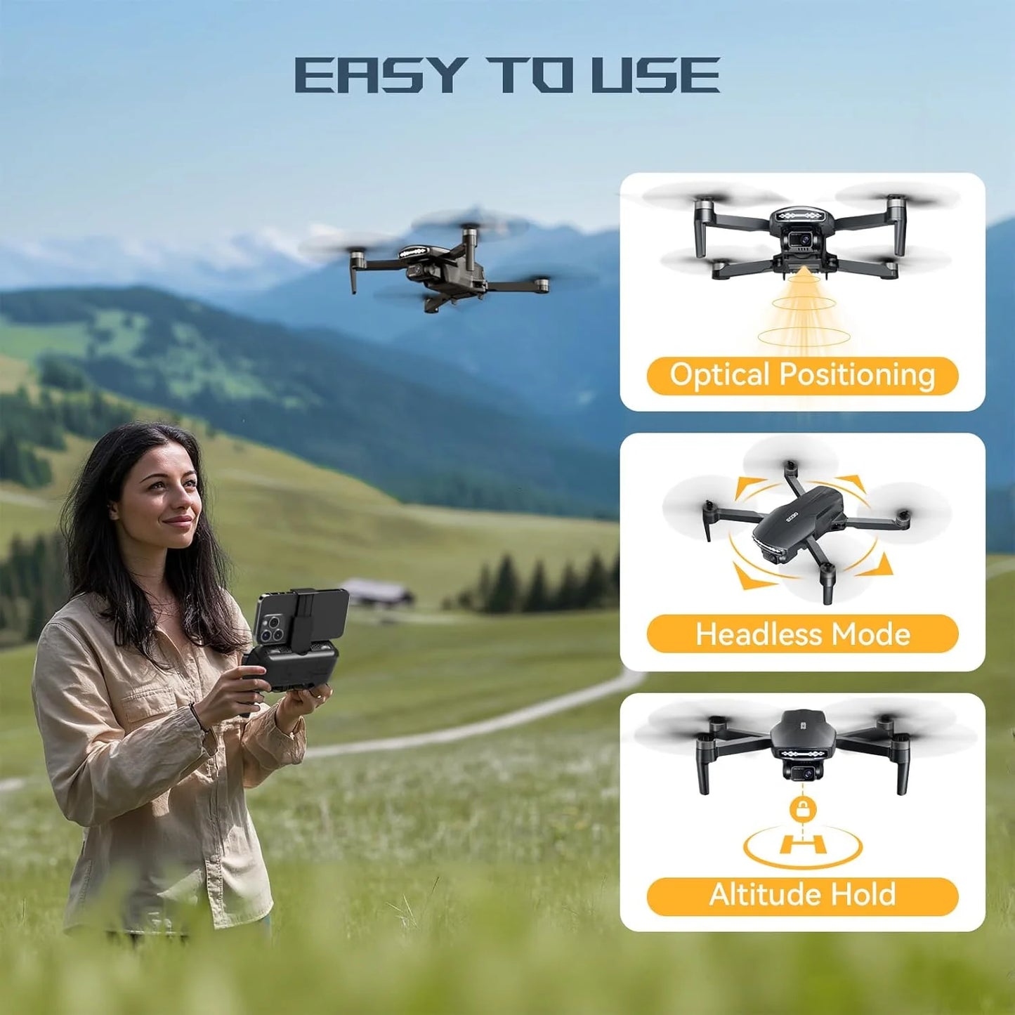 Adult Brushless Motor Drone with Camera, 4K UHD Long Range FPV Video