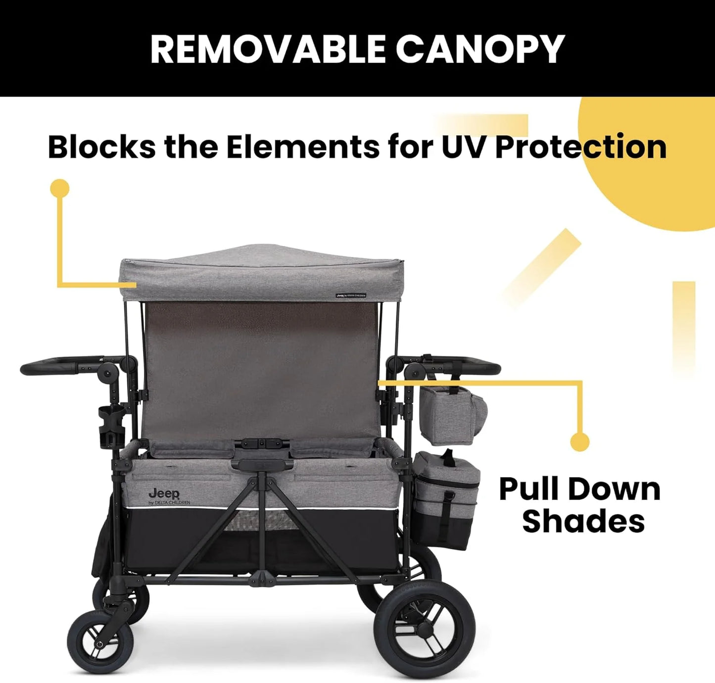 Jeep Wrangler Deluxe 4 Seater Stroller Wagon by Delta Children - Premium Quad Stroller Wagon for 4 Kids with Convertible Seats, Adjustable Push/Pull Handles, Removable Canopy & Flat Fold, Grey