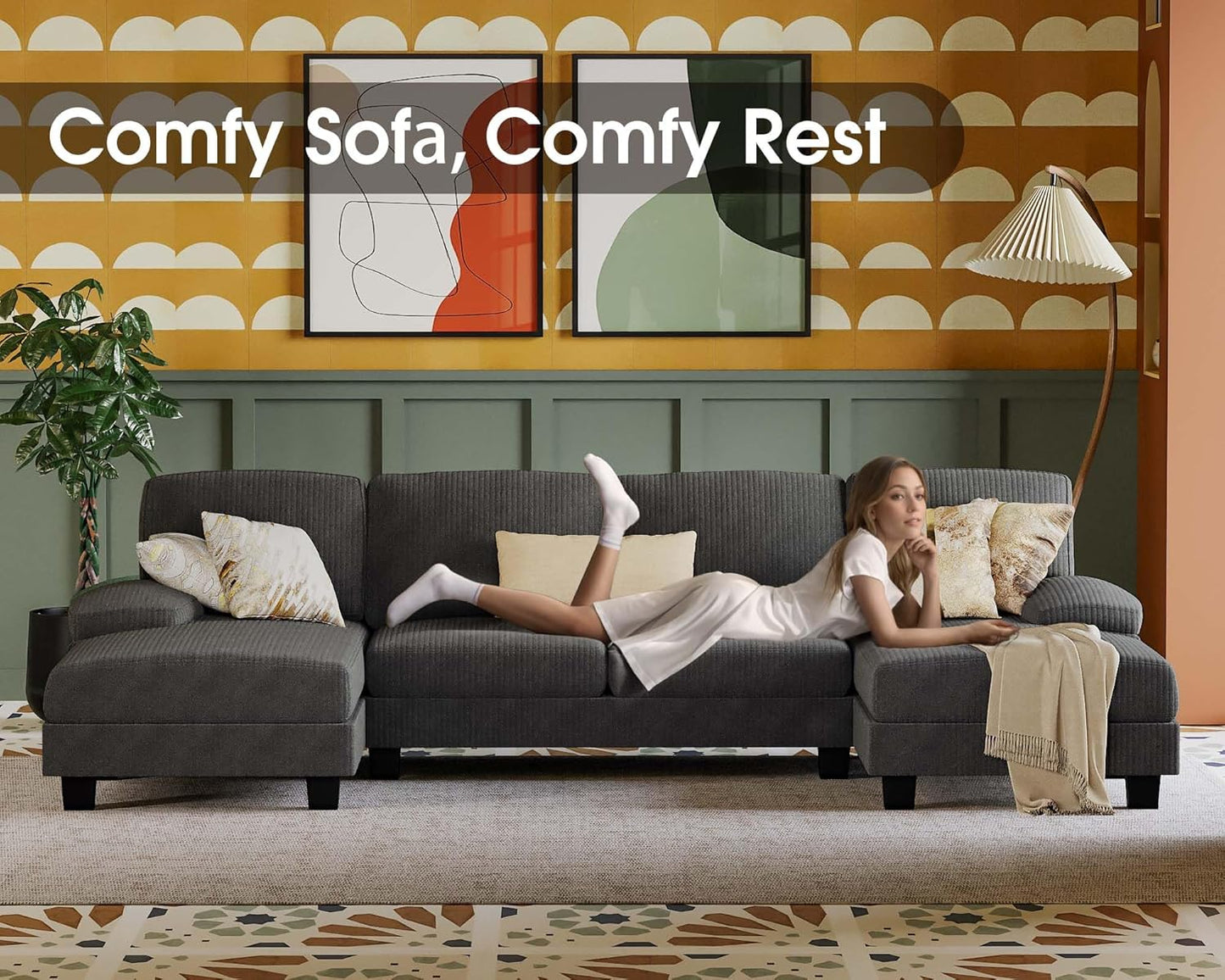 Furmax Sectional Couches for Living Room, U-Shaped Sofa Couch with Linen Fabric, 4 Seat Sofa Set with Double Chaise for Apartment (Fabric, Grey)