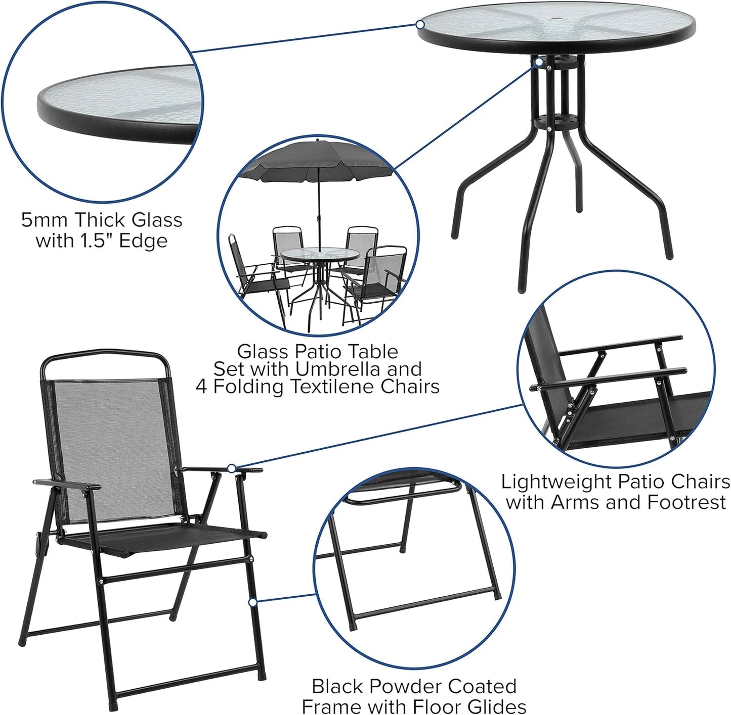 EMMA + OLIVER 6 Piece Brown Patio Garden Set with Umbrella Table and Set of 4 Folding Chairs
