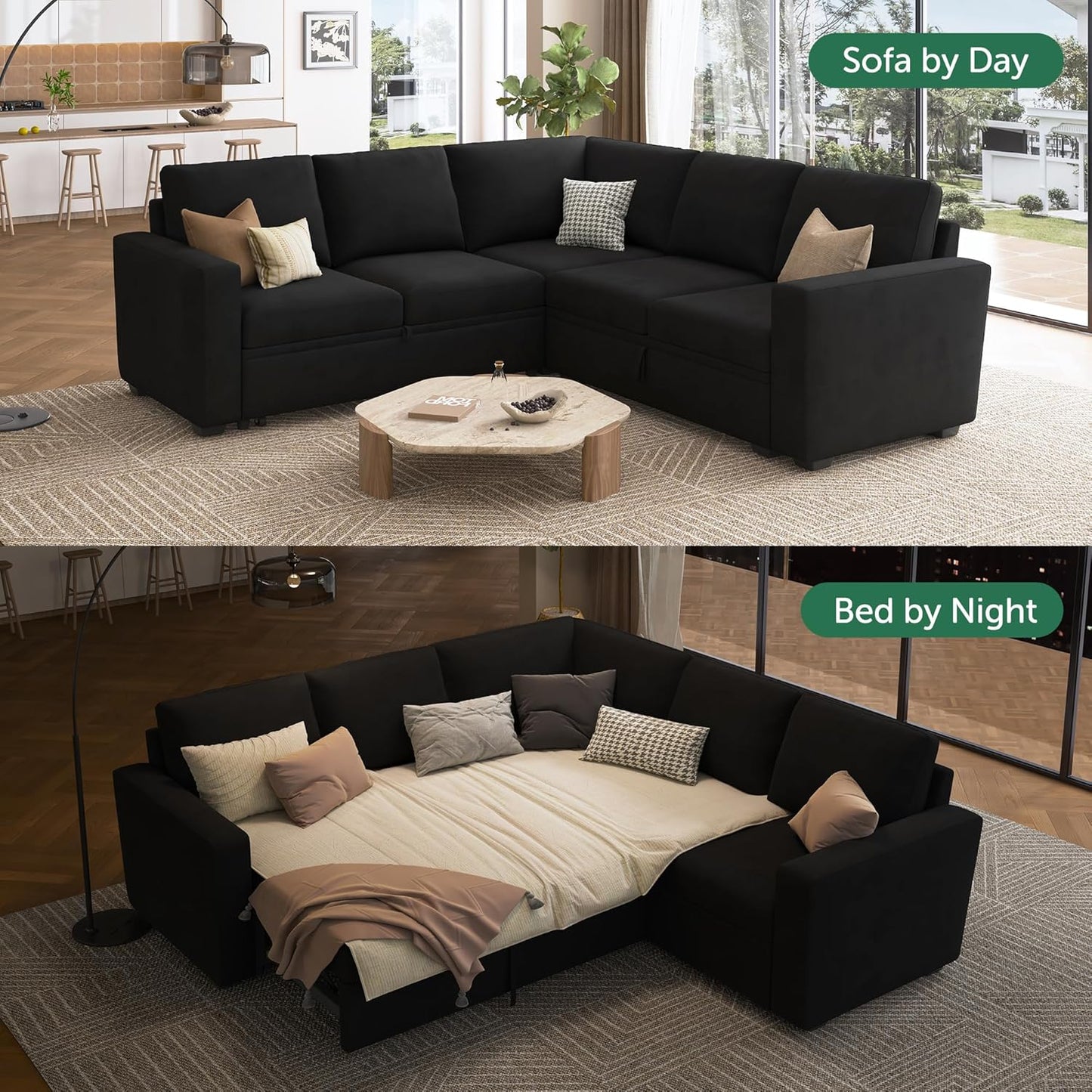 HONBAY Modular Sectional Sleeper Sofa with Pull Out Bed, L Shaped Couch with Storage Seat, Convertible Sectional Couches for Living Room