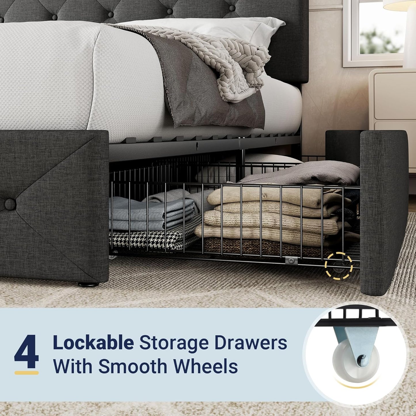 Allewie Upholstered Queen Size Platform Bed Frame with 4 Storage Drawers and Headboard, Square Stitched Button Tufted, Mattress Foundation with Wooden Slats Support, No Box Spring Needed