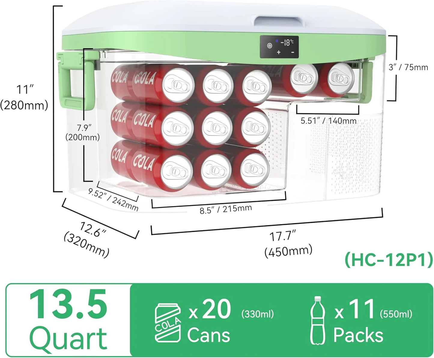 Car Fridge Portable 12 Volt Refrigerator 23 Quart (22 Liter) Freezer Compressor Cooler 12V/24V DC 110～240 V AC for Outdoor, Camping, Travel, Home Use -18℃~+15℃ (Green)