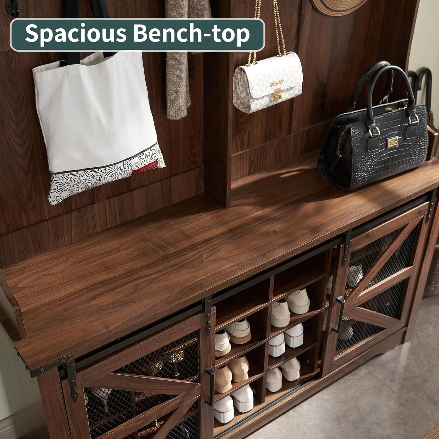 JXQTLINGMU 59-inch Farmhouse Foyer Tree with Shoe Storage, Entryway Bench Foyer Coat Rack Cabinet