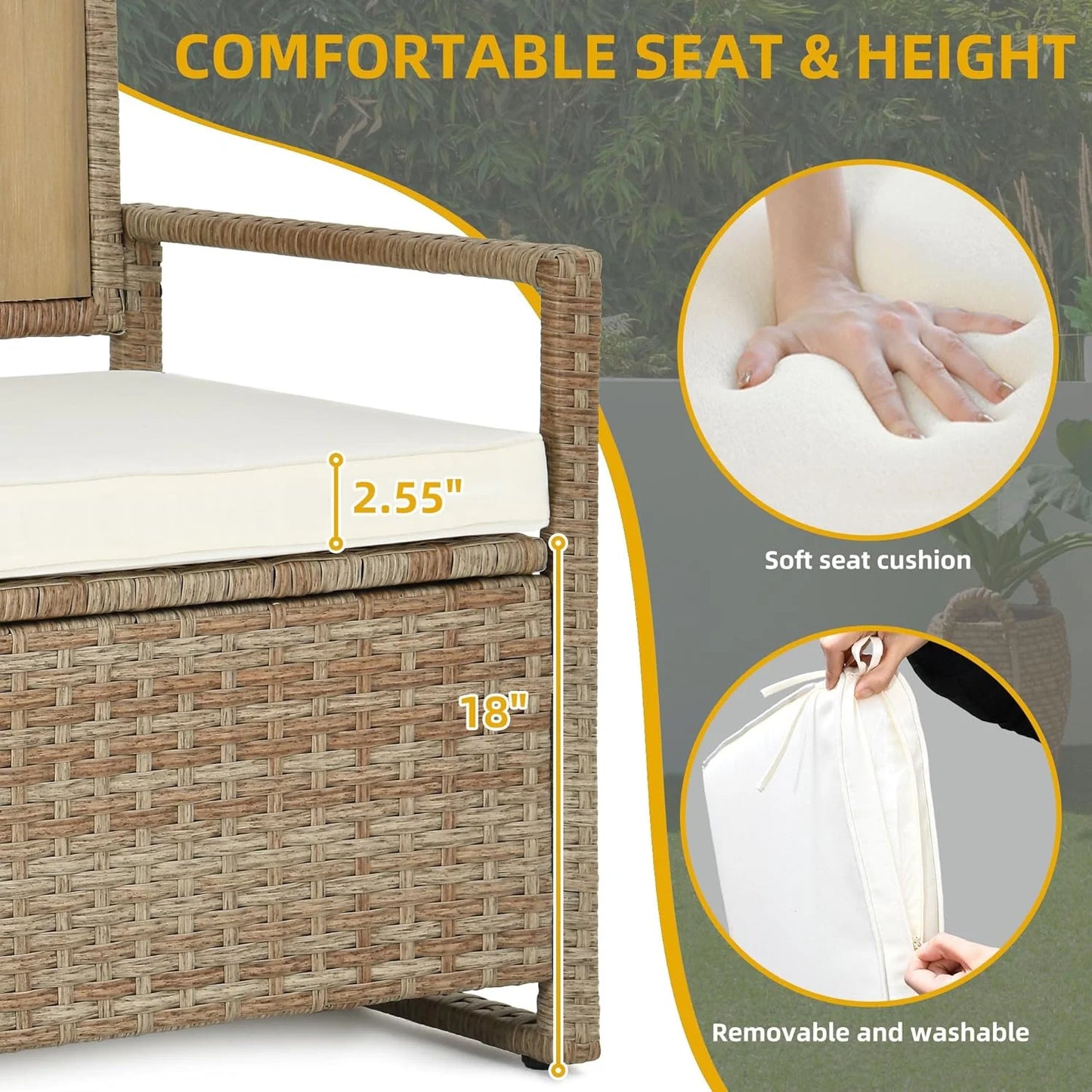 DWVO 70Gal Outdoor Storage Bench with Cushion & Composite Wood Backrest, All-Weather Wicker Deck Bench with Rustproof Bag, Poolside, Patio, Garden (Sand Beige)