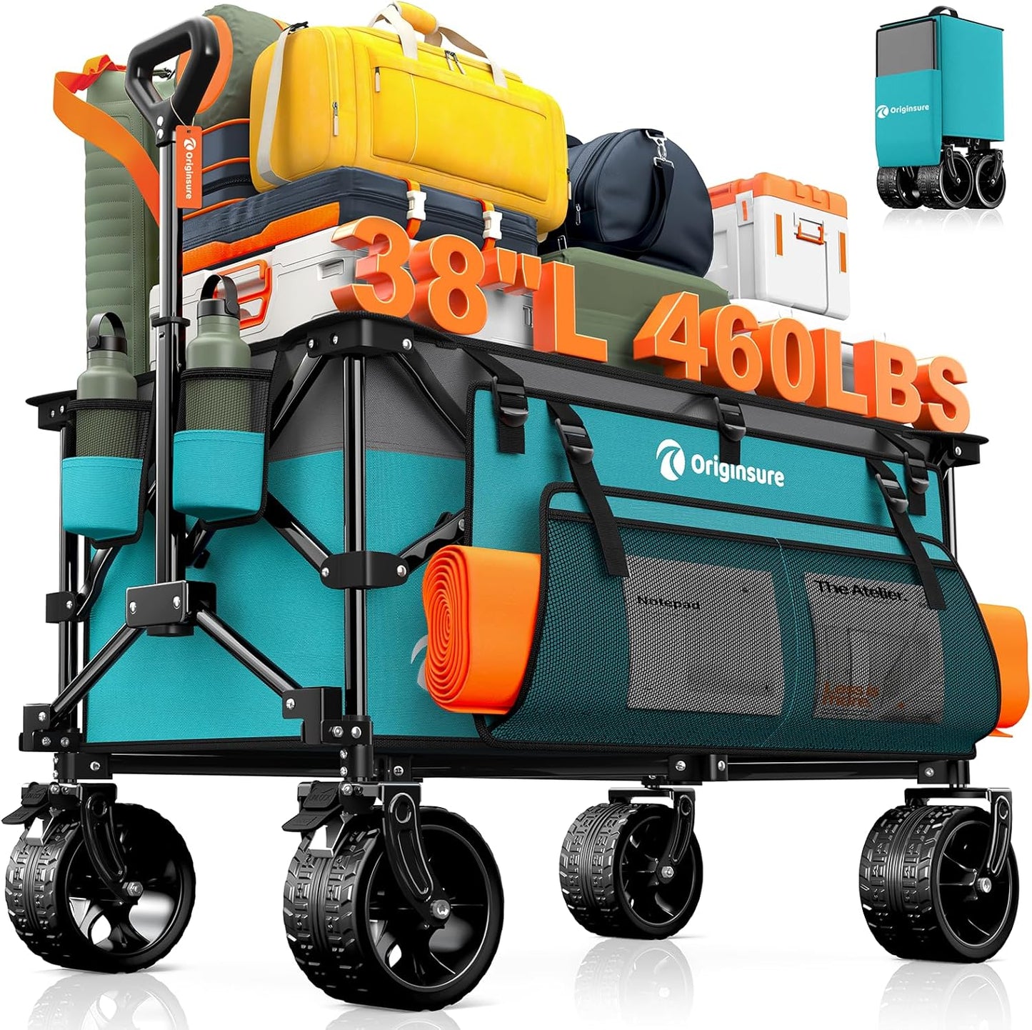 38" long foldable four-wheel stroller, foldable, 460 lb capacity, 220 liter heavy-duty folding beach stroller with large all-terrain tires