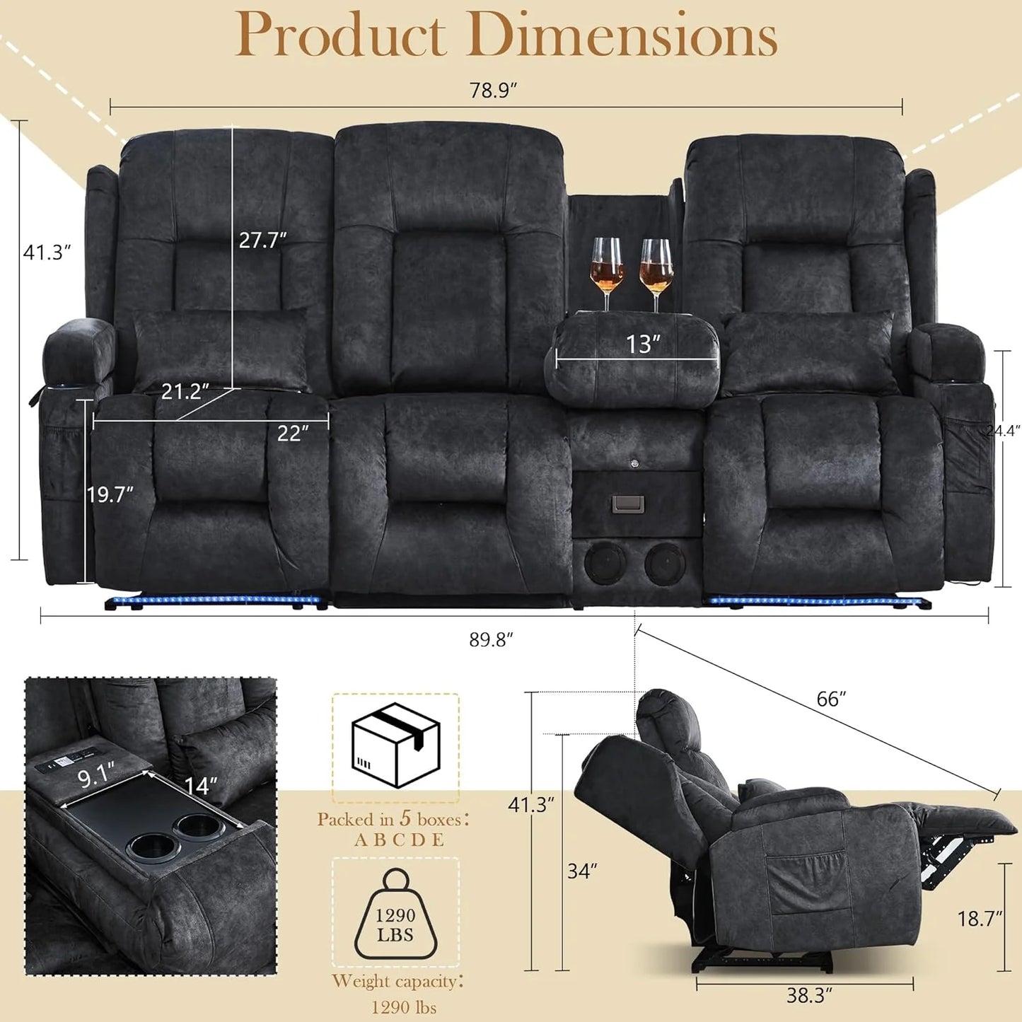 TUNYI Power Loveseat Recliner Sofa with Massage & Heat Home Theater Seating with Console Electric Recliner RV Sofa with USB/Outlet/Storage/Side Pocket/LED Light/Speaker (Brown, Loveseat)