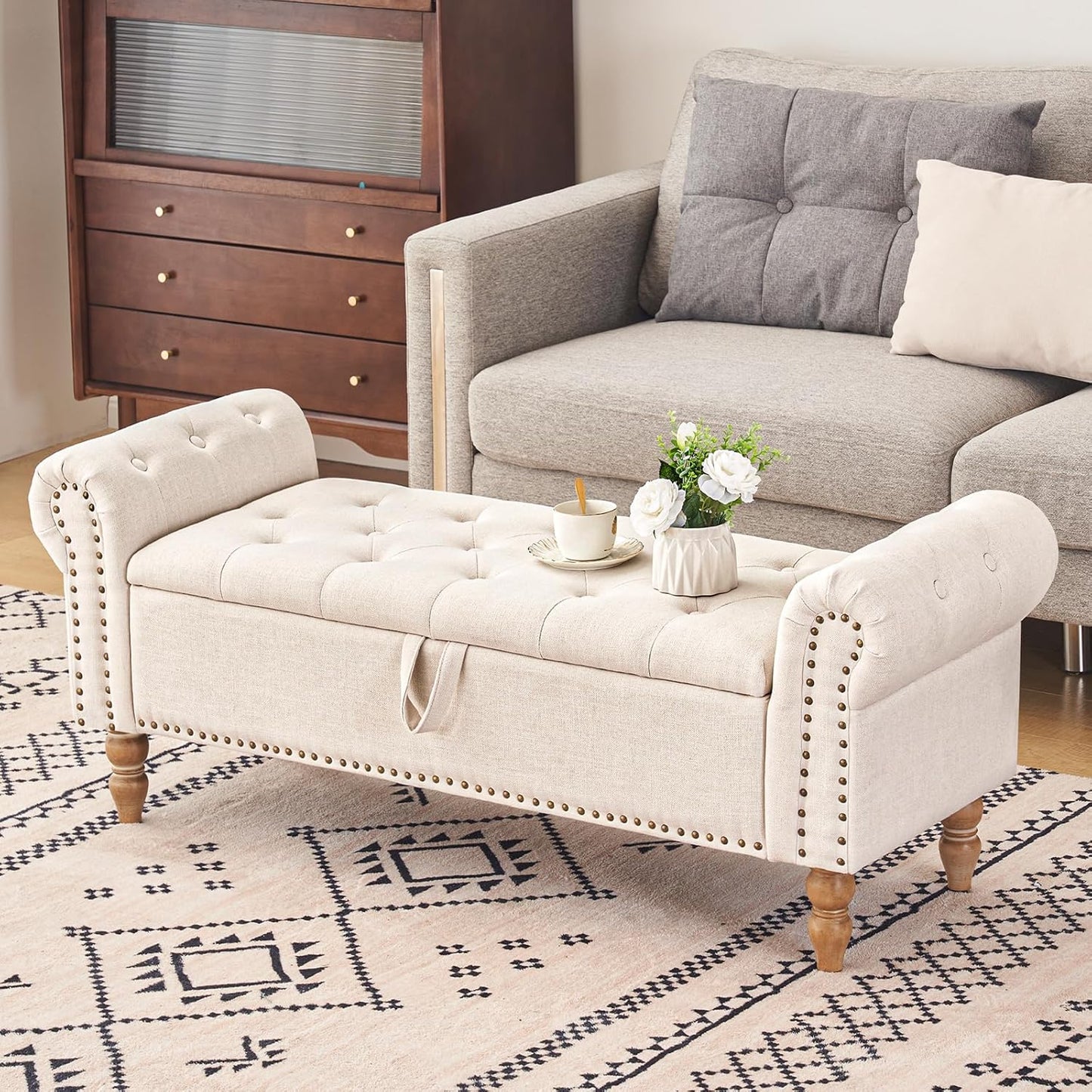 Furniliving Modern Storage Ottoman Bench, Sherpa Ottoman End of Bed Bench with Solid Wood Legs Upholstered Ottoman Benches with Storage Indoor Bench