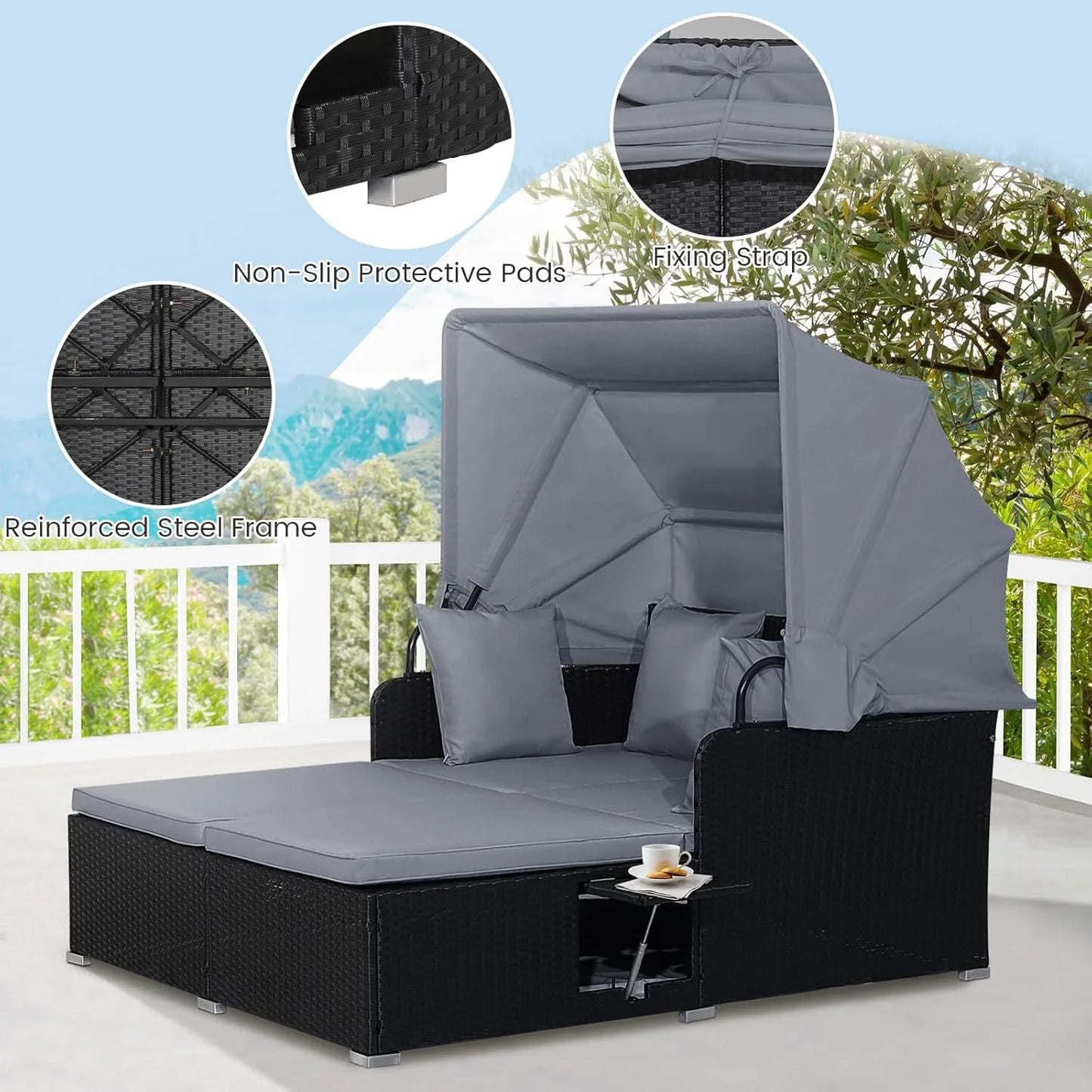 RELAX4LIFE Patio Outdoor Daybed with Canopy, Wicker Sunbed w/Cushions, 4 Pillows & 2 Retractable Side Trays, 2-Person Lounge Bed Conversation for Poolside Porch Garden, Rattan Outdoor Bed (Turquoise)