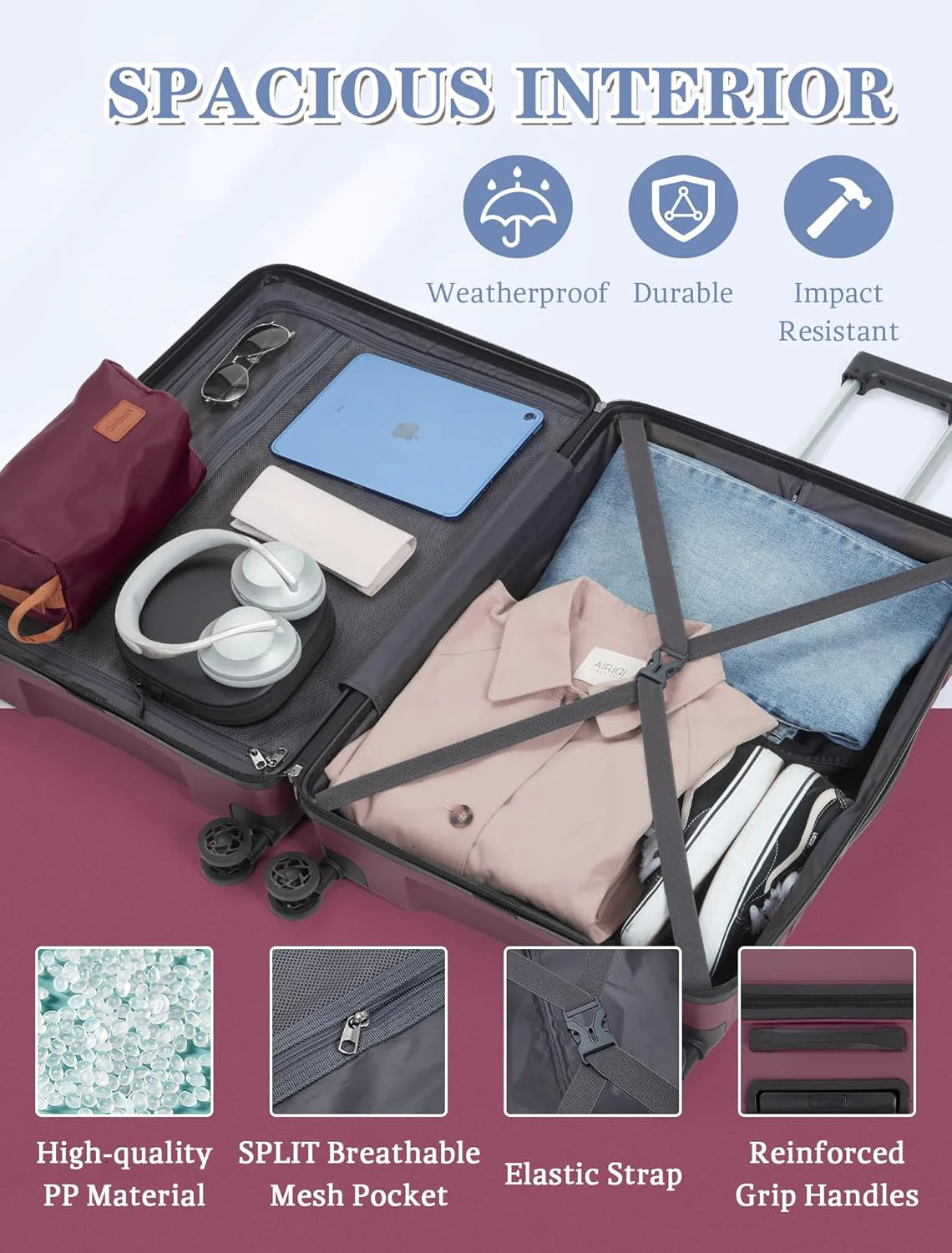 5-piece luggage set with wheels, ABS hardshell suitcase with spinner wheels