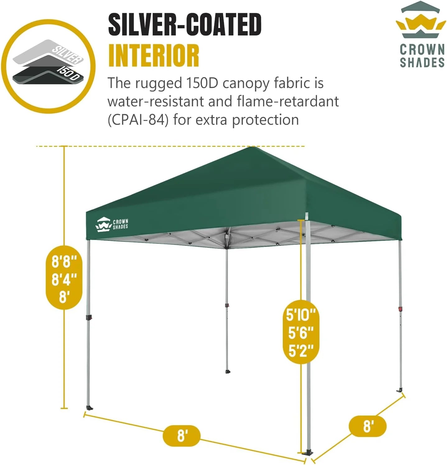 10x10 Pop-Up Awning - One-Click Installation Beach Tent - Outdoor Sunshade Silver Coated Top, 3 Heights and 4 Sand Pockets