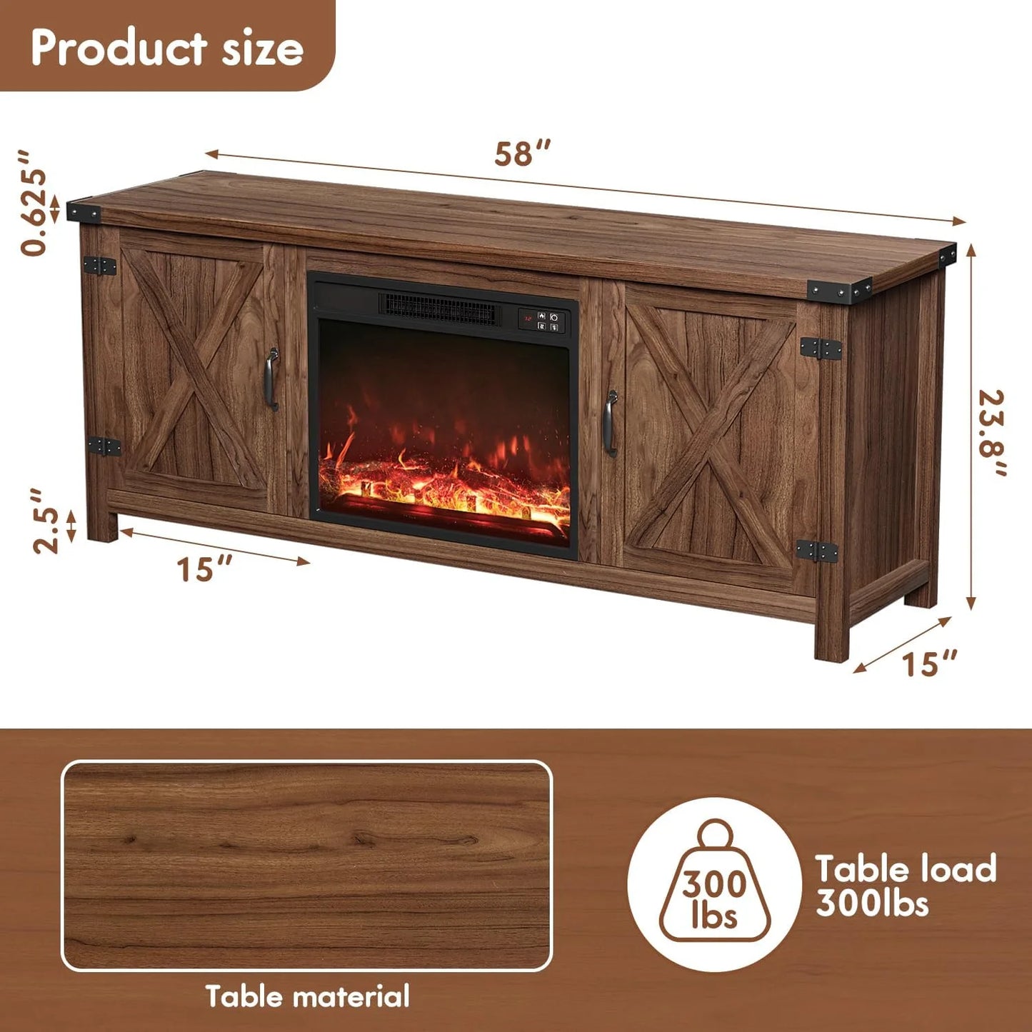 YESHOMY Fireplace TV Stand with Two Barn Doors and Storage Cabinets for Televisions up to 65+ Inch, Entertainment Center Console Table, Media Furniture for Living Room, 58 Inch