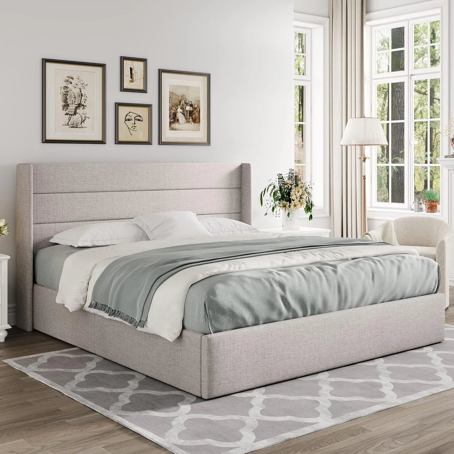 Allewie Queen Size Lift Up Storage Bed, Modern Wingback Headboard, Hydraulic Support, No Box Spring Needed, Light Beige