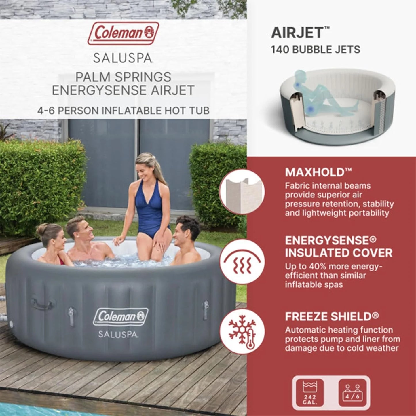 Bestway Palm Springs 4 to 6 Person EnergySense Smart AirJet Plus Inflatable Hot Tub Outdoor Spa with 140 AirJets and Insulated Cover