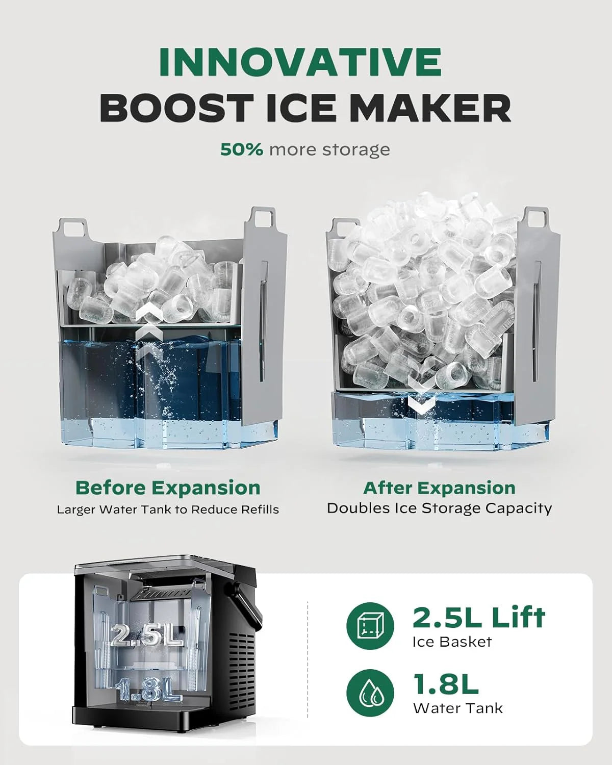 Silonn Countertop Ice Maker with Expanding Ice Basket, 9 Cubes in 6 Mins, 2.5L Ice Basket, Self-Cleaning Ice Maker with LED Touch Control, 2 Bullet Ice Sizes for Home, Kitchen, Office
