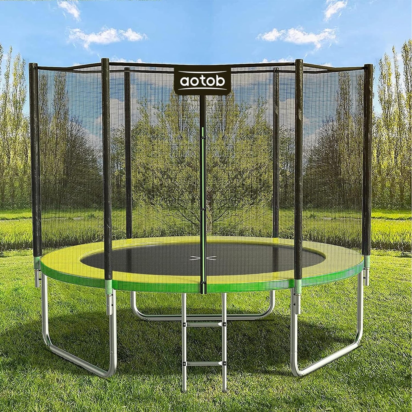 AOTOB 8FT 10FT 12FT 14 FT 15FT Trampoline with Safety Enclosure Net，Outdoor Trampoline with Basketball Hoop, Heavy Duty Jumping Mat and Spring Cover Padding for Kids and Adults, Storage Bag and Ladder